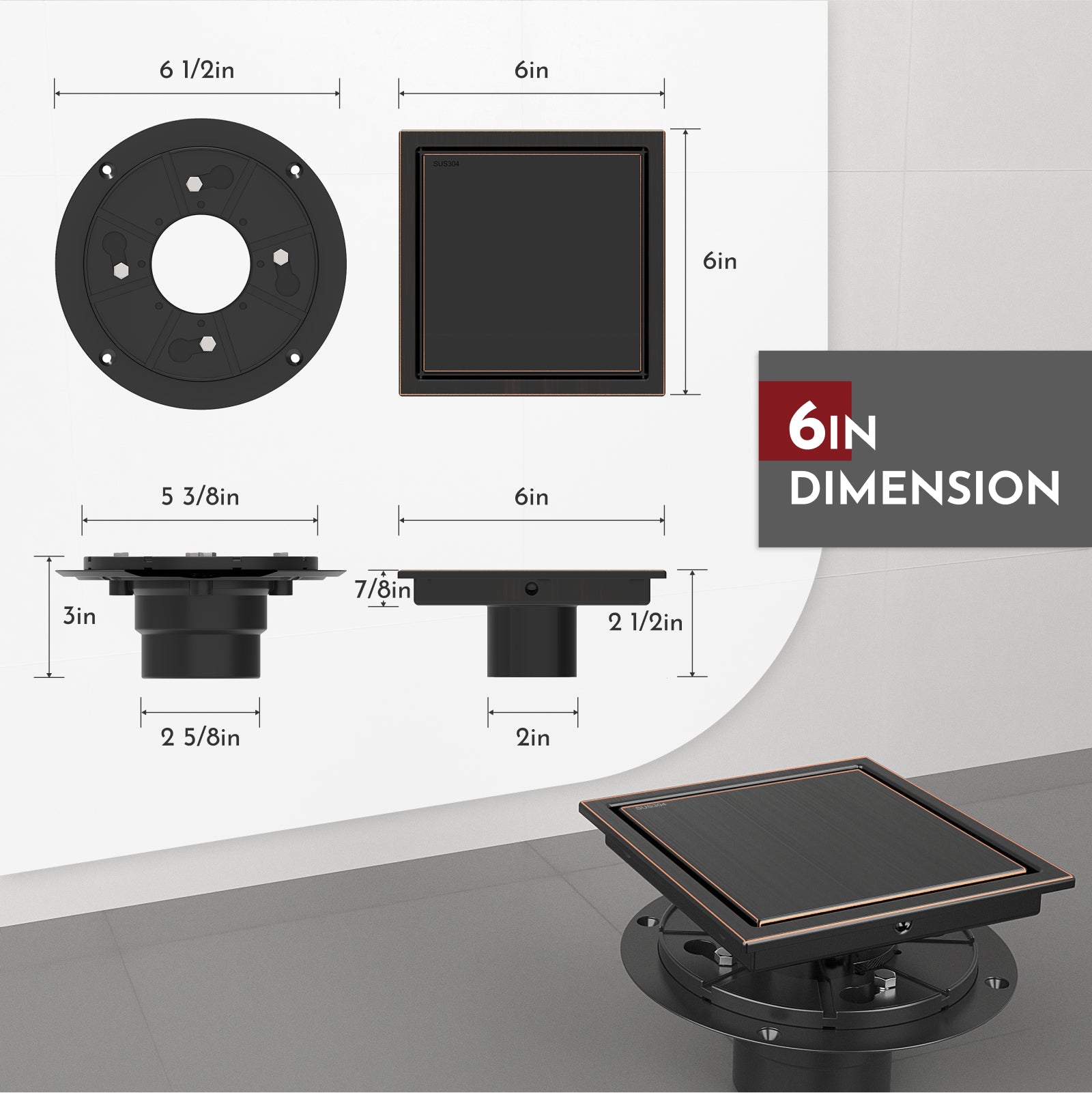 WEBANG 6 Inch Wide Frame Reversible 2-in-1 Tile-In Square Shower Floor Drain With Flange, Oil Rubbed Bronze
