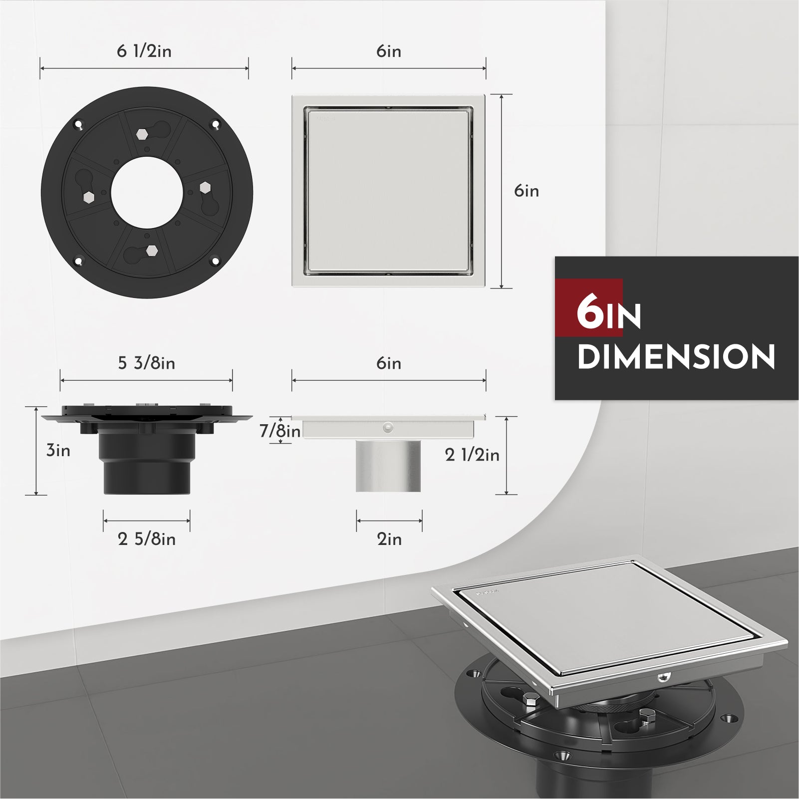 WEBANG 6 Inch Wide Frame Reversible 2-in-1 Tile-In Square Shower Floor Drain With Flange, Brushed Stainless Steel