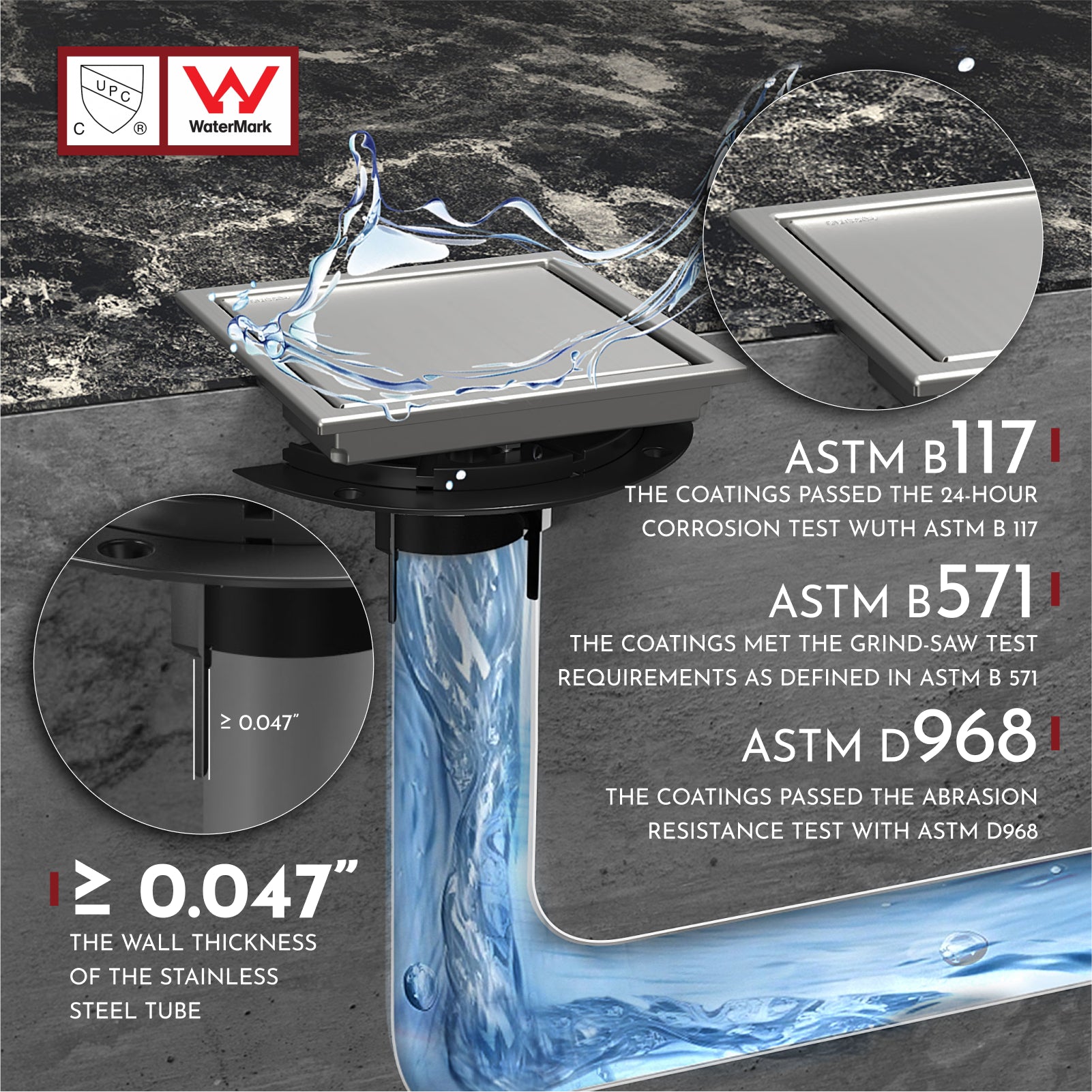 WEBANG 6 Inch Wide Frame Reversible 2-in-1 Tile-In Square Shower Floor Drain With Flange, Brushed Stainless Steel