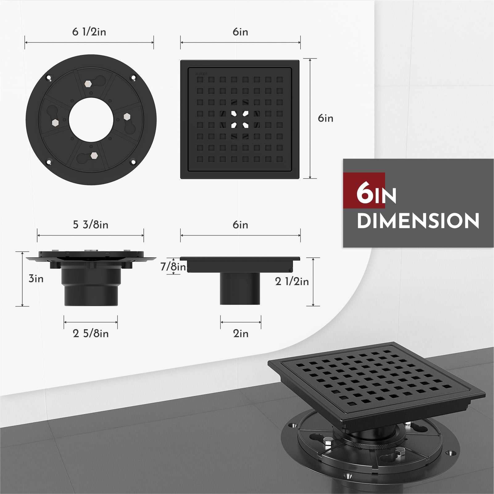 WEBANG 6 Inch Wide Frame Square Hole Pattern Square Shower Drain With Flange, Matte Black