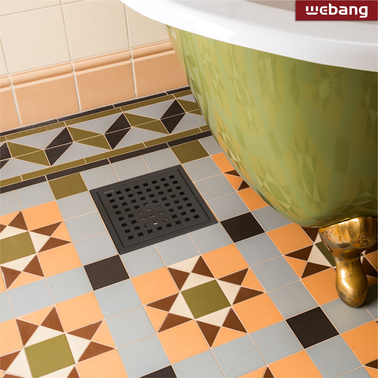 WEBANG 6 Inch Wide Frame Square Hole Pattern Square Shower Drain With Flange, Matte Black