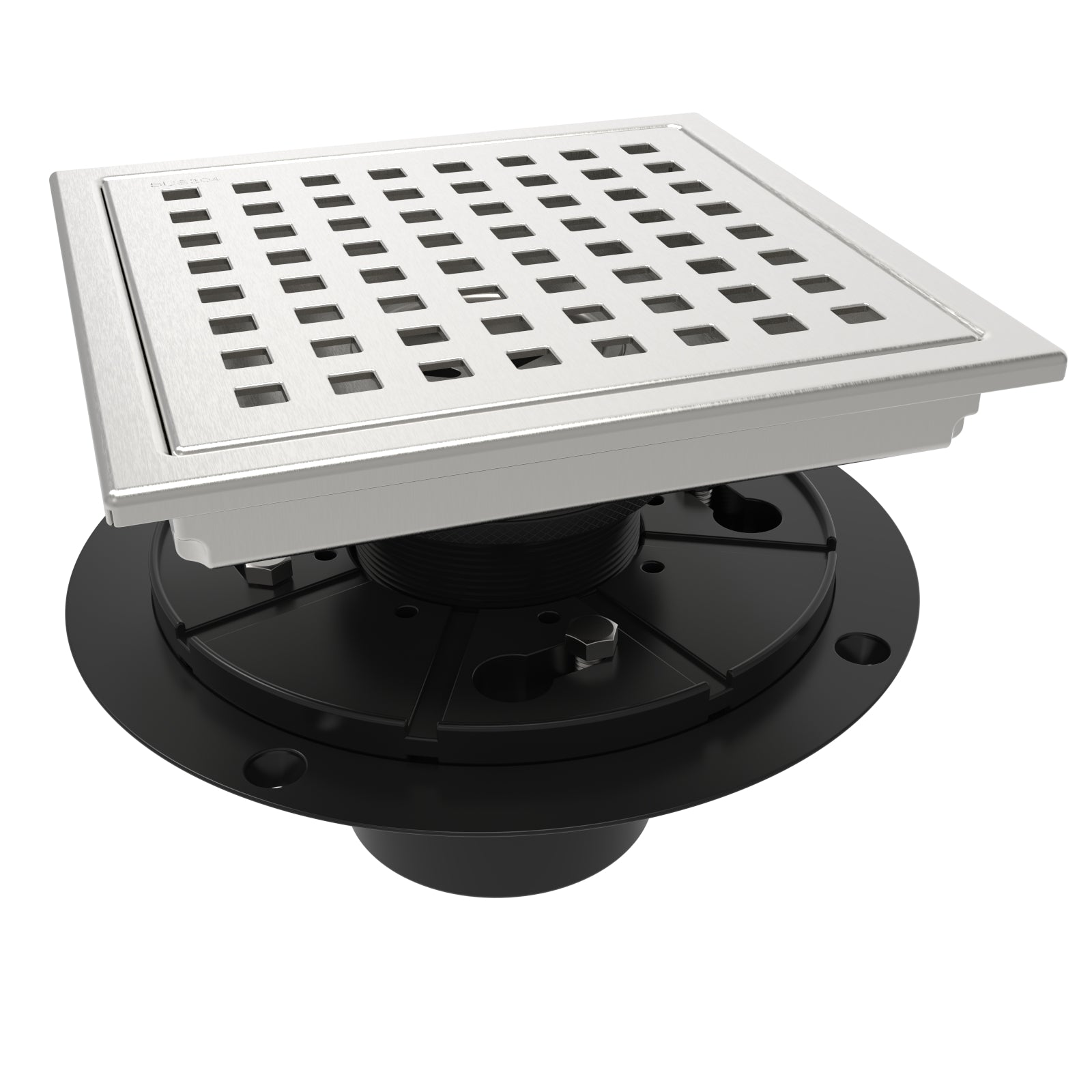 WEBANG 6 Inch Wide Frame Square Hole Pattern Square Shower Drain With Flange, Brushed Stainless Steel