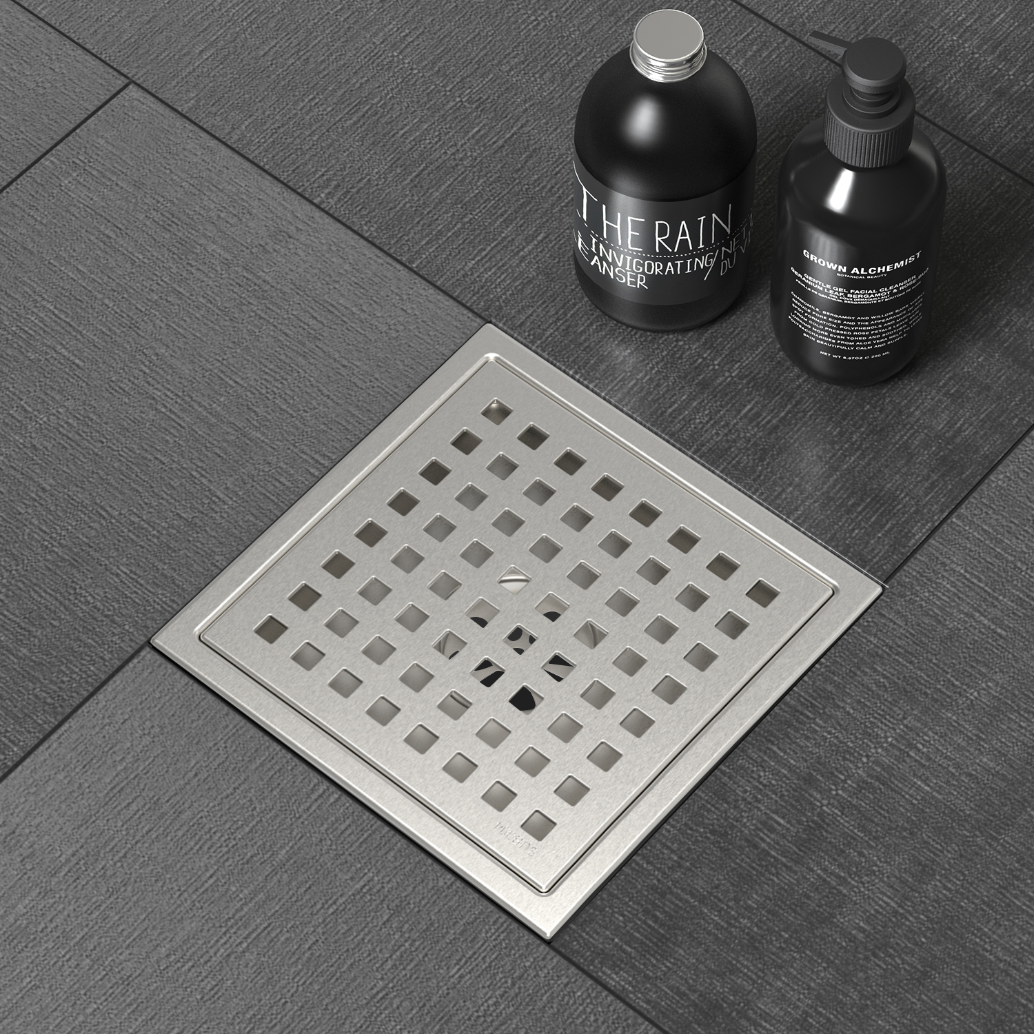 WEBANG 6 Inch Wide Frame Square Hole Pattern Square Shower Drain With Flange, Brushed Stainless Steel
