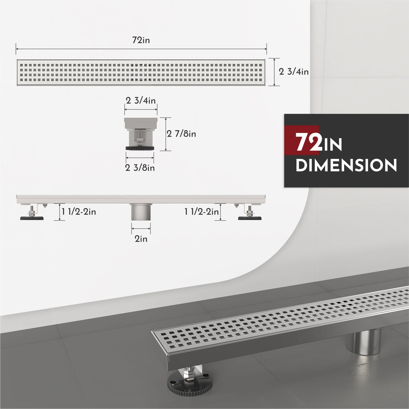 WEBANG 72 Inch Square Hole Pattern Linear Shower Drain With Accessories, Brushed Stainless Steel