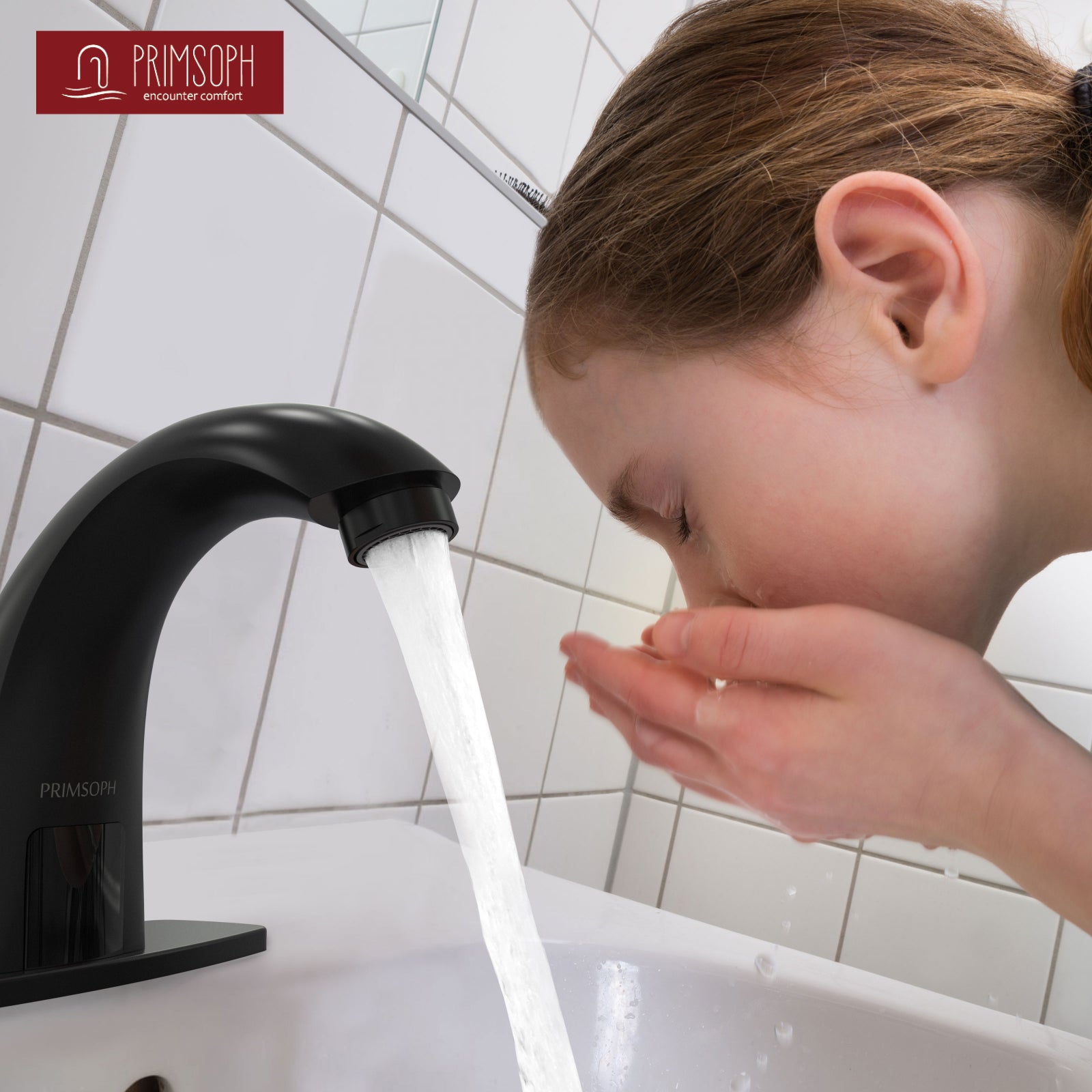 PRIMSOPH Model 8003 Battery and Plug-In Powered Touchless Faucet with Temperature Mixer, Matte Black