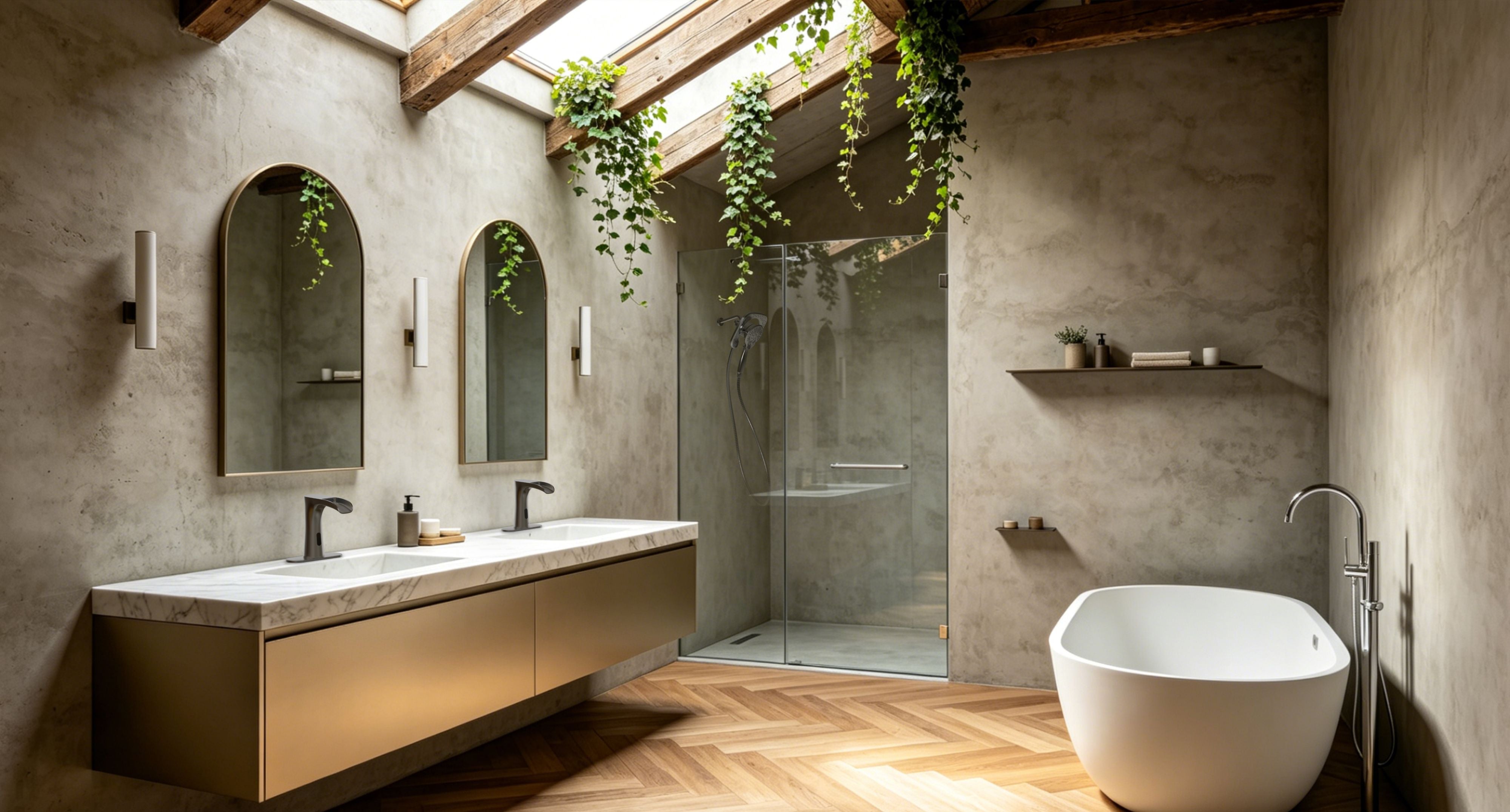 Modern bathroom with touchless faucets, shower heads and tub drains of Primsoph brand.