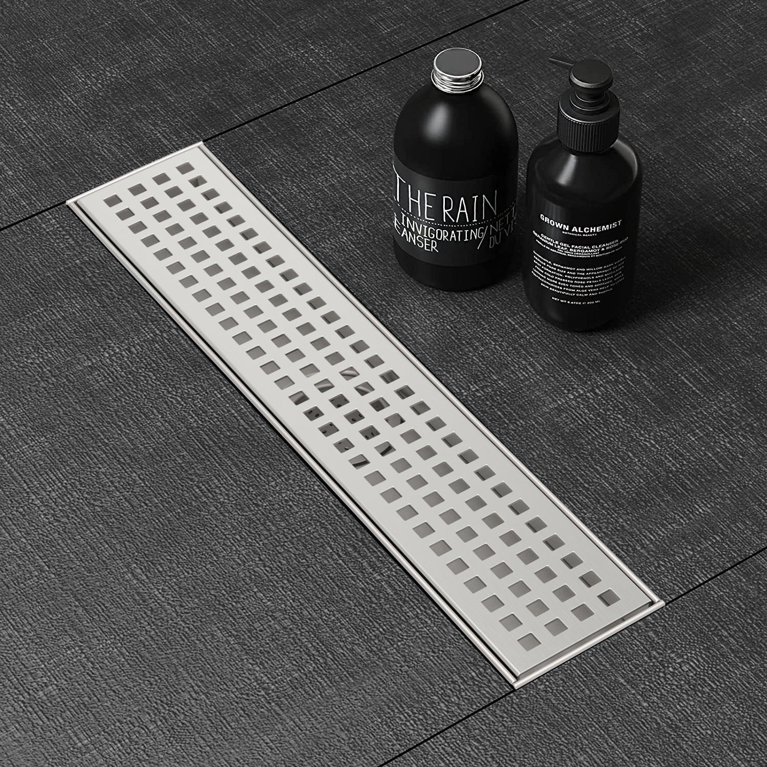 WEBANG 12 Inch Square Hole Pattern Linear Shower Drain With Accessories, Brushed Stainless Steel