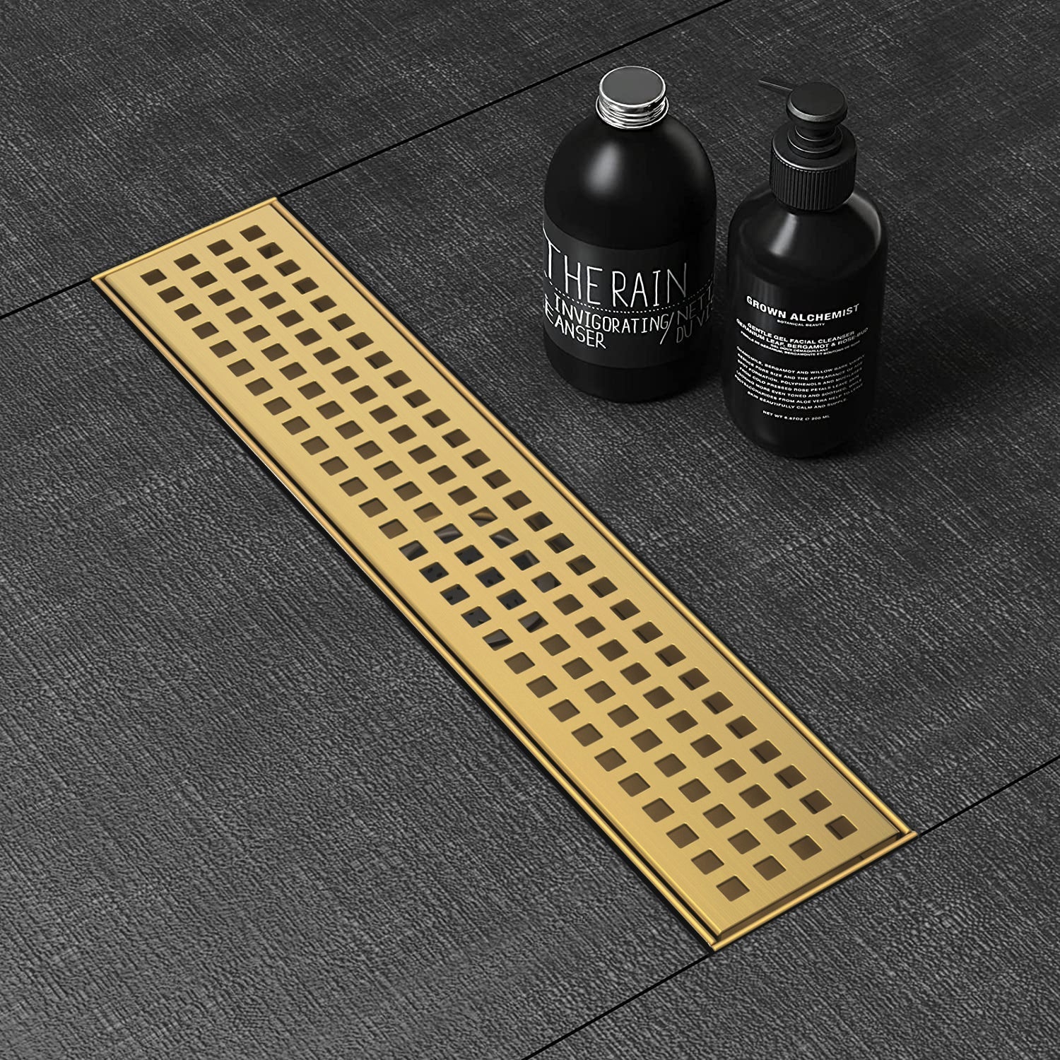 WEBANG 12 Inch Square Hole Pattern Linear Shower Drain With Accessories, Brushed Gold