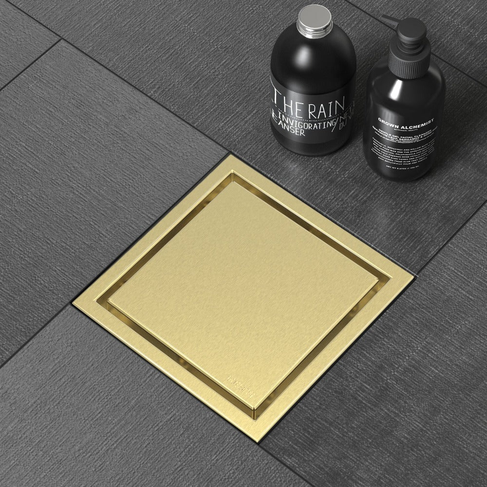 WEBANG 4 Inch Wide Frame Reversible 2-in-1 Tile-In Square Shower Drain With Flange, Brushed Gold