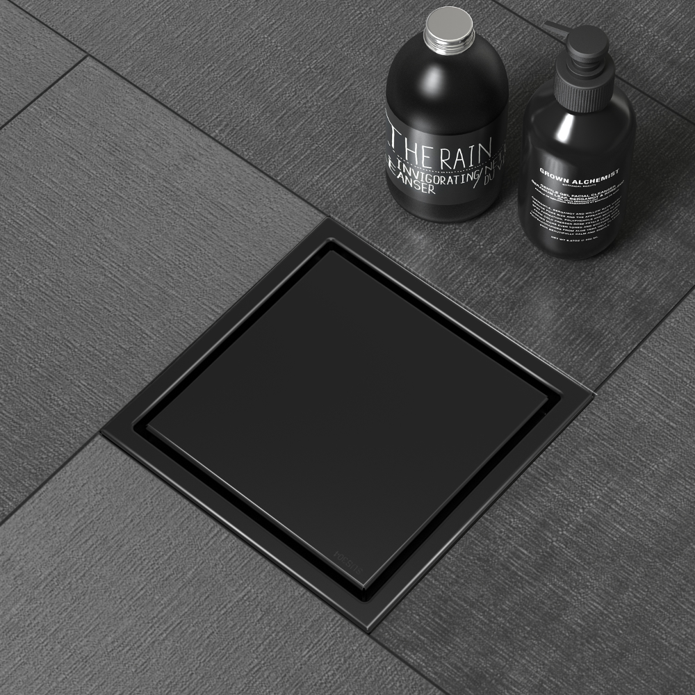 WEBANG 4 Inch Wide Frame Reversible 2-in-1 Tile-In Square Shower Drain With Flange, Matte Black