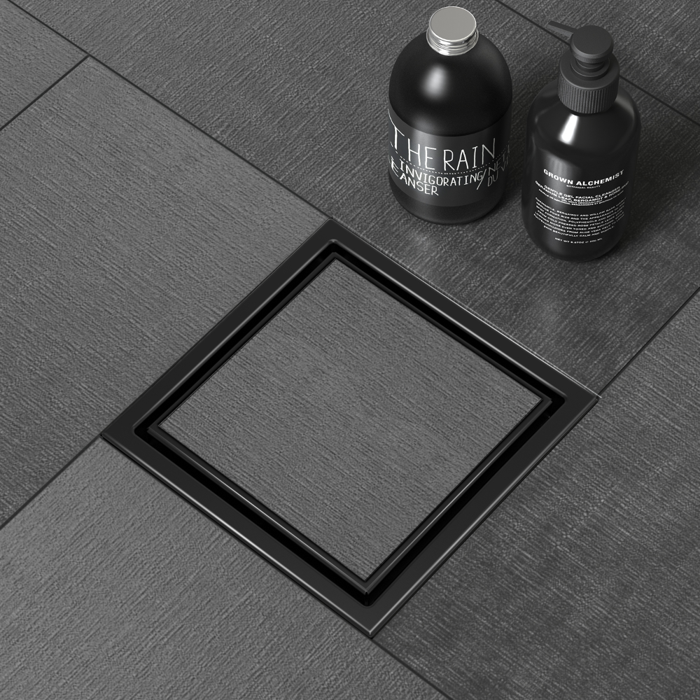 WEBANG 4 Inch Wide Frame Reversible 2-in-1 Tile-In Square Shower Drain With Flange, Matte Black