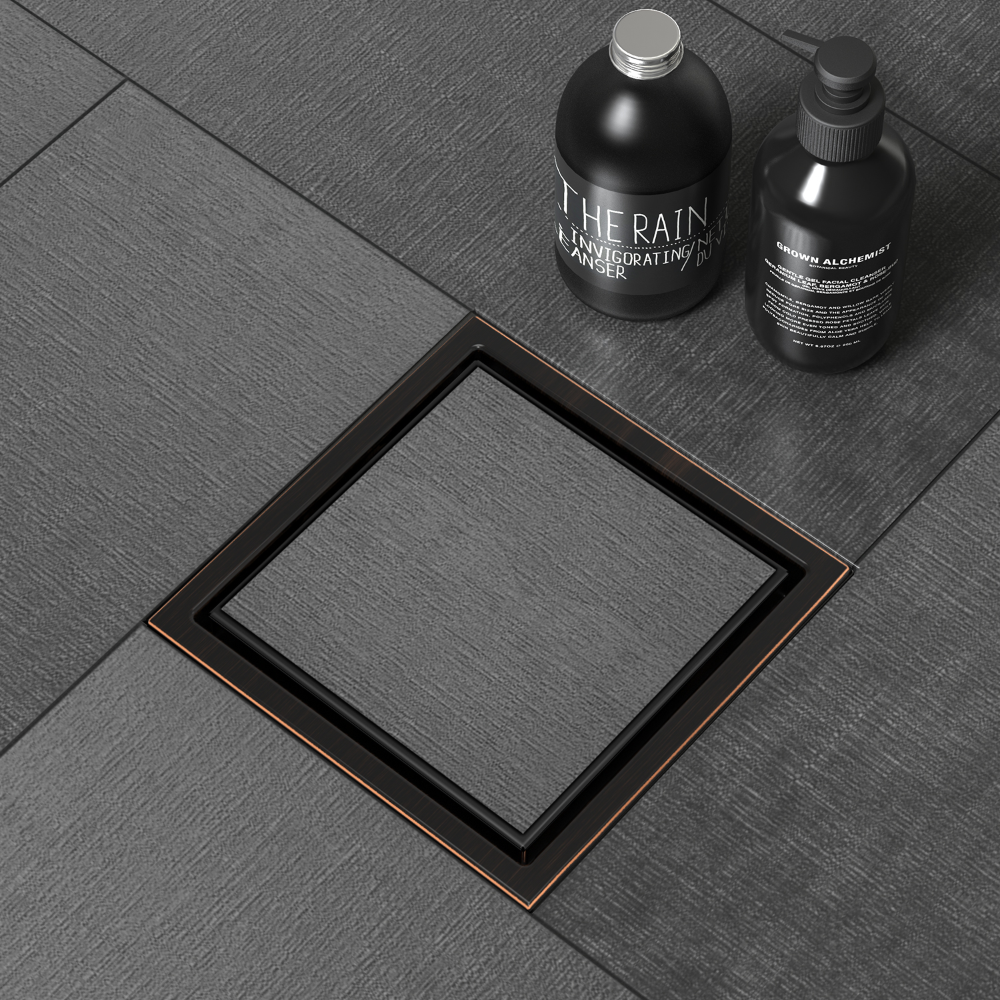 WEBANG 4 Inch Wide Frame Reversible 2-in-1 Tile-In Square Shower Drain With Flange, Oil Rubbed Bronze