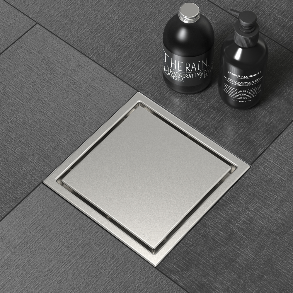 WEBANG 4 Inch Wide Frame Reversible 2-in-1 Tile-In Square Shower Drain With Flange, Brushed Stainless Steel
