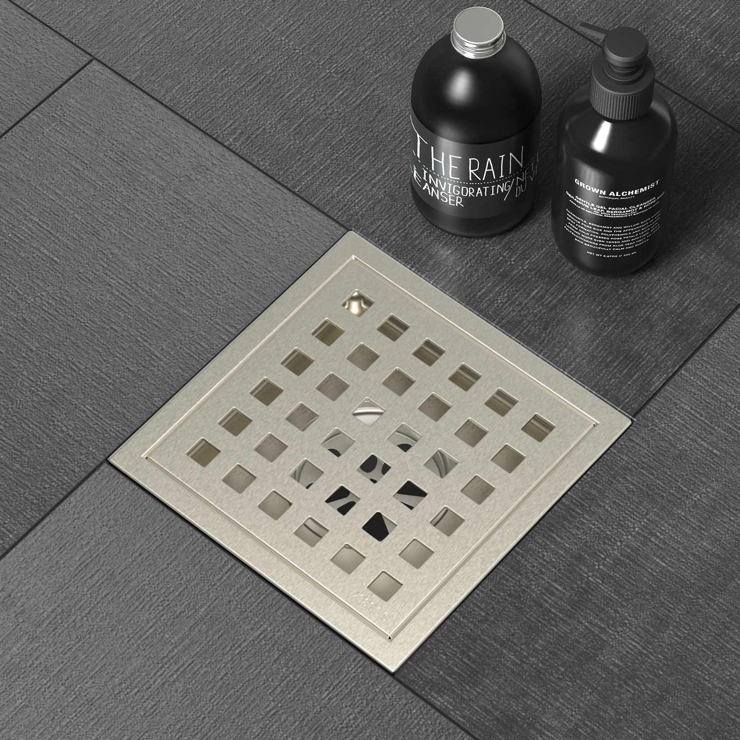 WEBANG 4 Inch Wide Frame Square Hole Pattern Square Shower Drain With Flange, Brushed Nickel