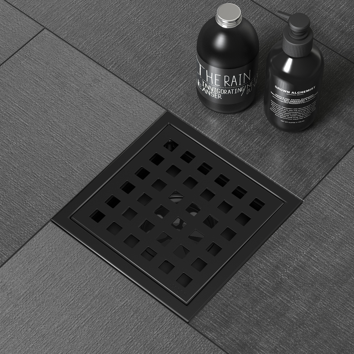 WEBANG 4 Inch Wide Frame Square Hole Pattern Square Shower Drain With Flange, Matte Black