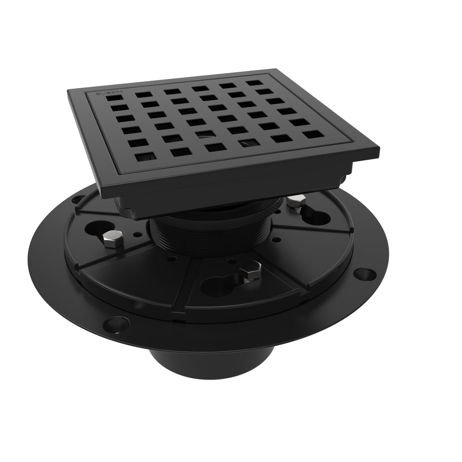 WEBANG 4 Inch Wide Frame Square Hole Pattern Square Shower Drain With Flange, Matte Black