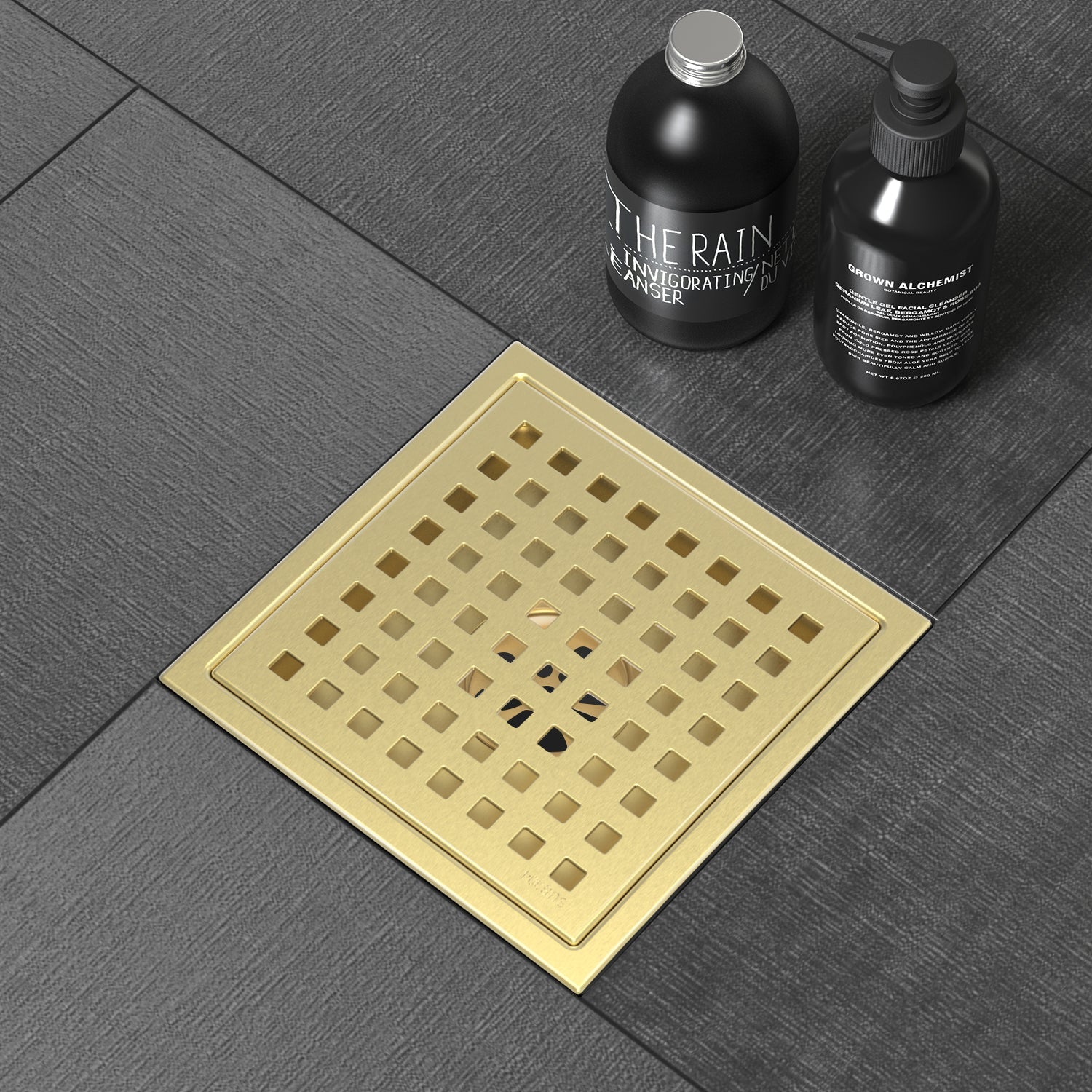 WEBANG 6 Inch Wide Frame Square Hole Pattern Square Shower Drain With Flange, Brushed Gold