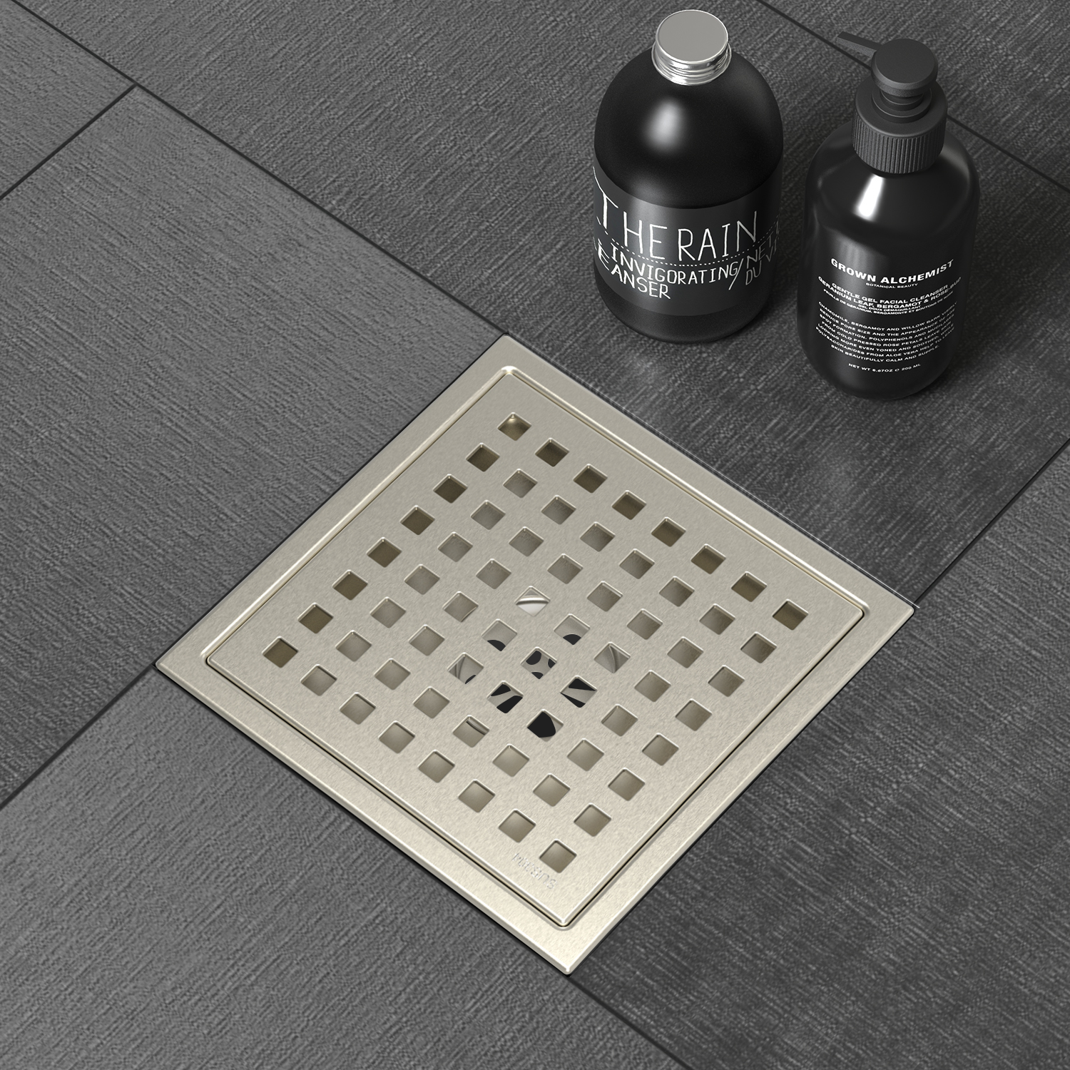 WEBANG 6 Inch Wide Frame Square Hole Pattern Square Shower Drain With Flange, Brushed Nickel