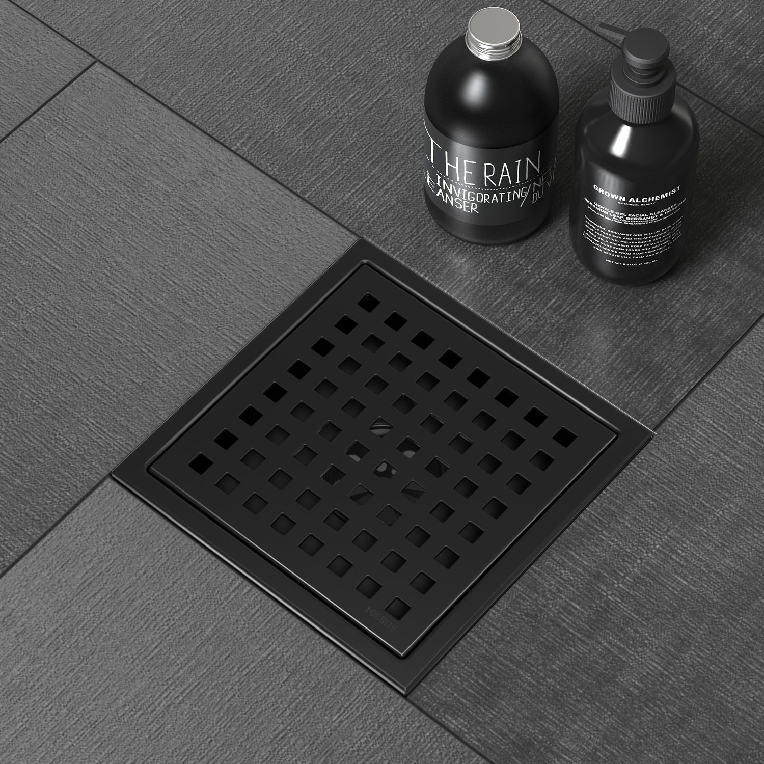 WEBANG 6 Inch Wide Frame Square Hole Pattern Square Shower Drain With Flange, Matte Black