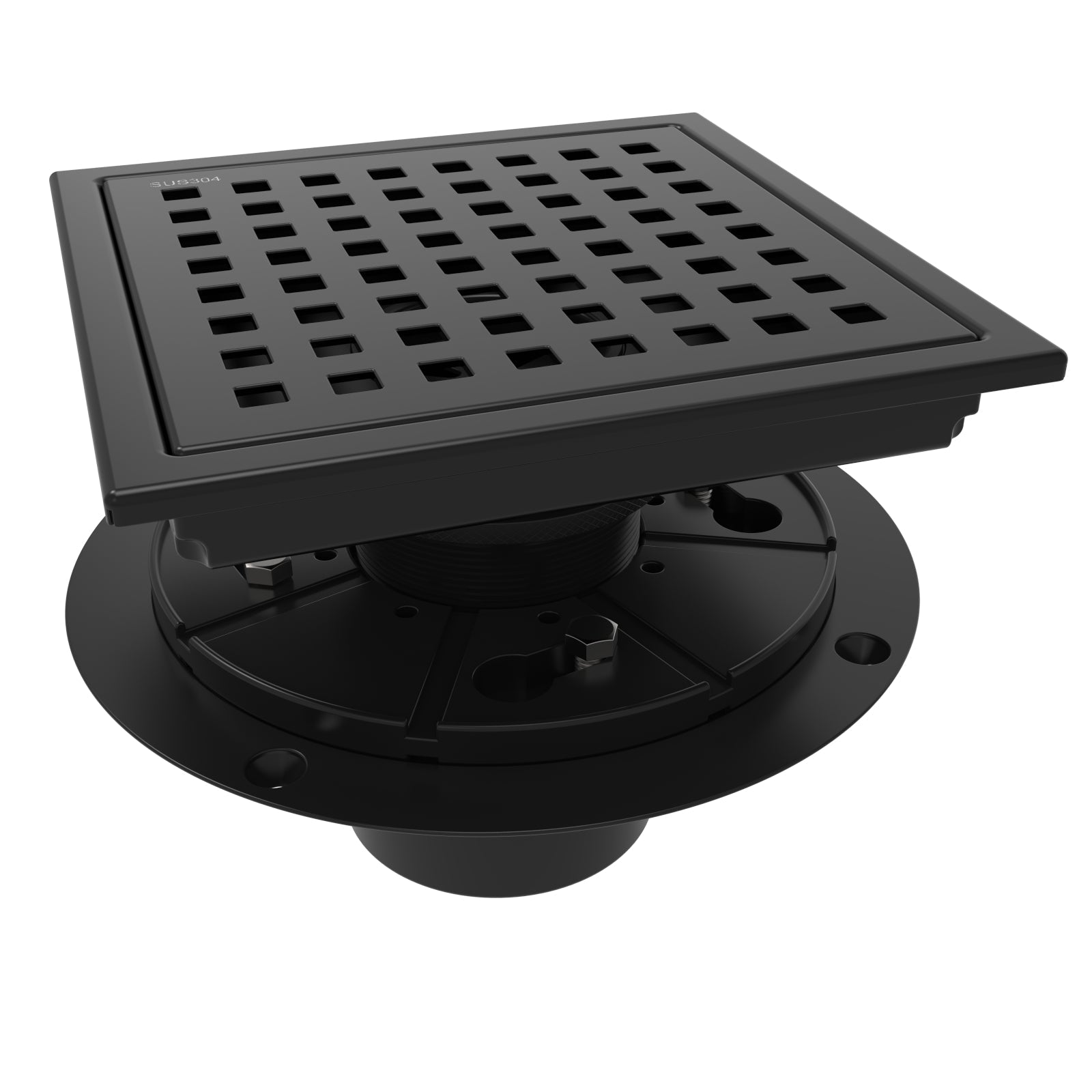 WEBANG 6 Inch Wide Frame Square Hole Pattern Square Shower Drain With Flange, Matte Black