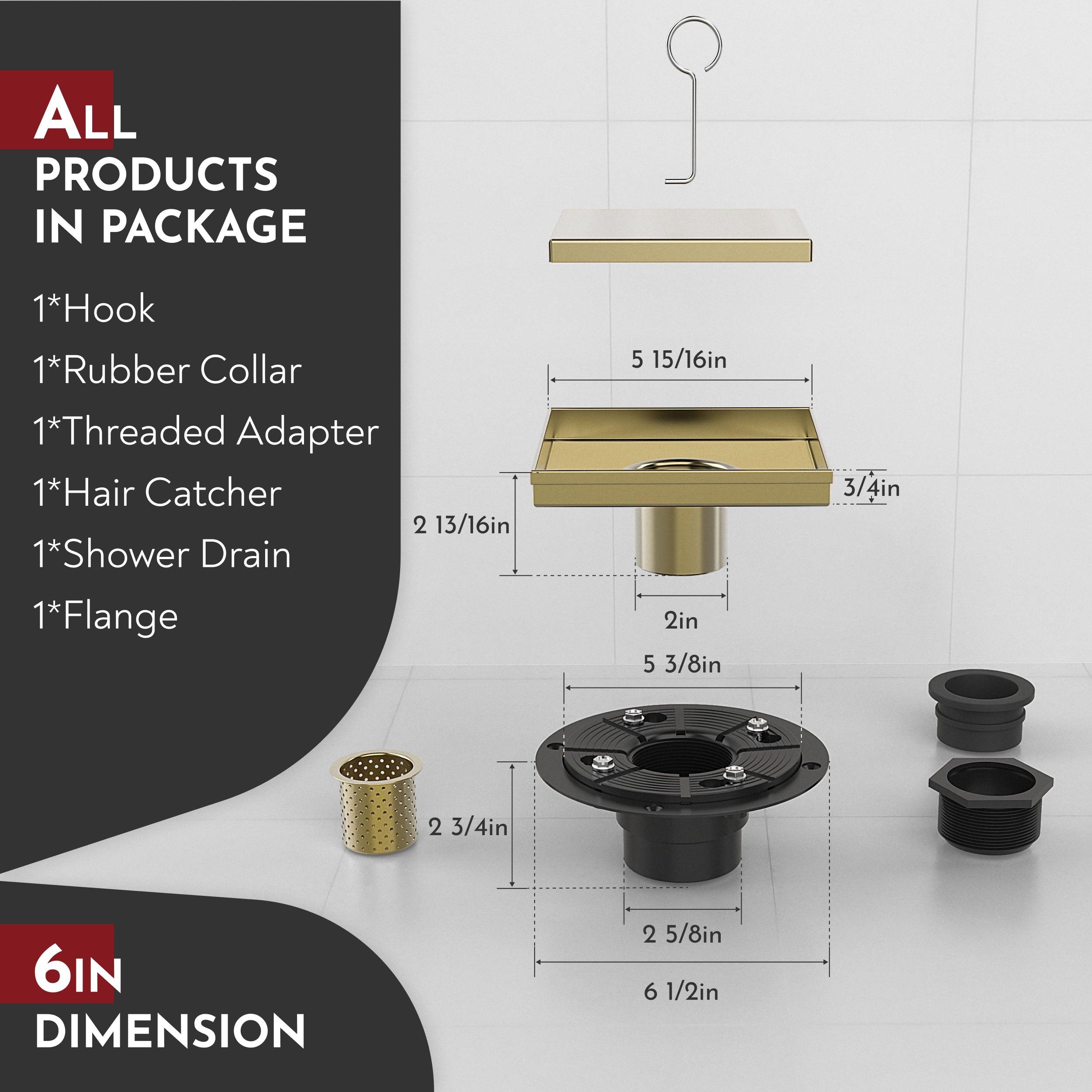 WEBANG 6 Inch Reversible 2-in-1 Tile-In Square Shower Drain With Flange, Brushed Gold