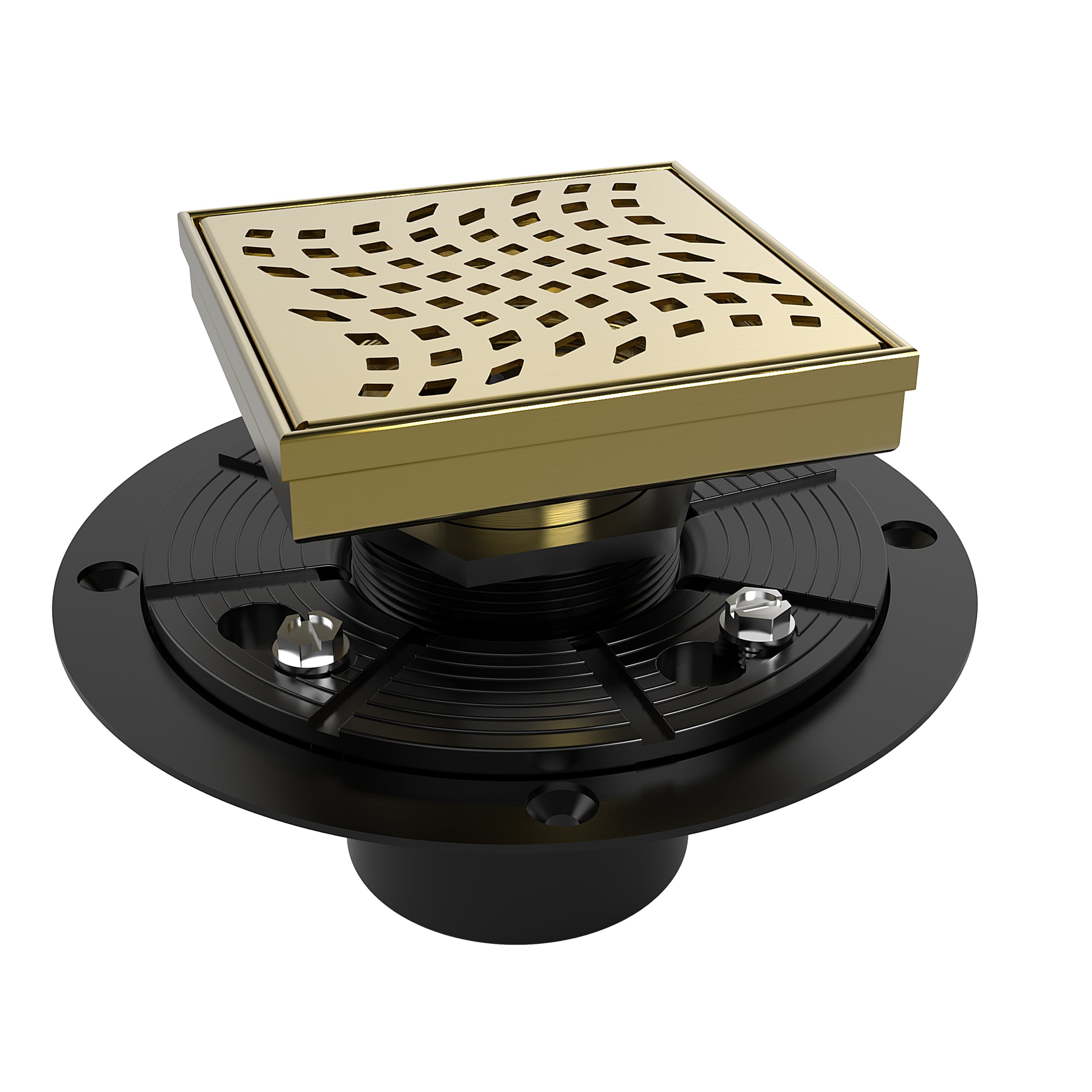WEBANG 4 Inch Wave-Hole Pattern Square Shower Drain With Flange, Brushed Gold