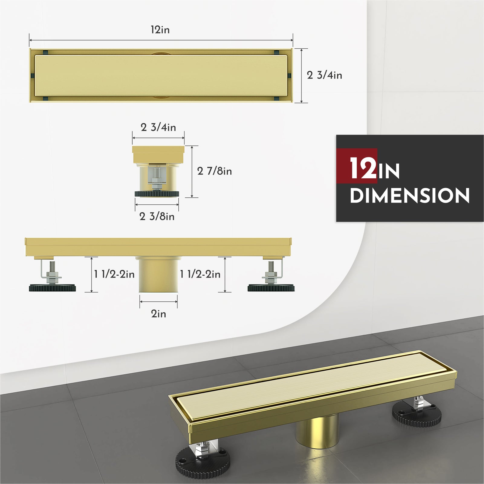 WEBANG 12 Inch Reversible 2-in-1 Linear Shower Drain With Accessories, Brushed Gold