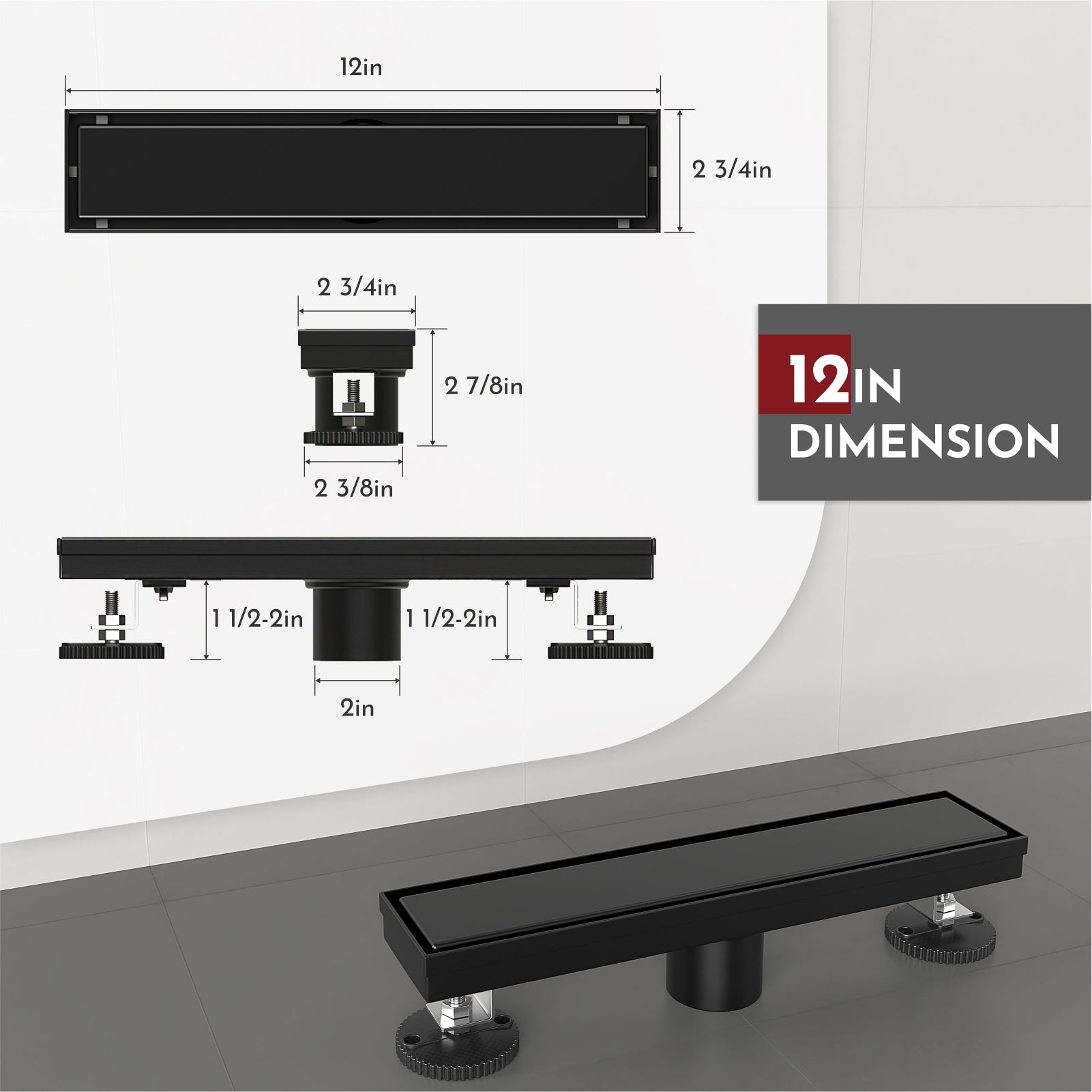 WEBANG 12 Inch Reversible 2-in-1 Linear Shower Drain With Accessories, Matte Black