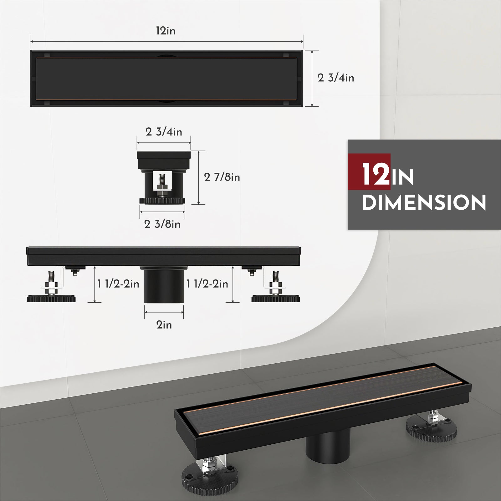 WEBANG 12 Inch Reversible 2-in-1 Linear Shower Drain With Accessories, Oil Rubbed Bronze