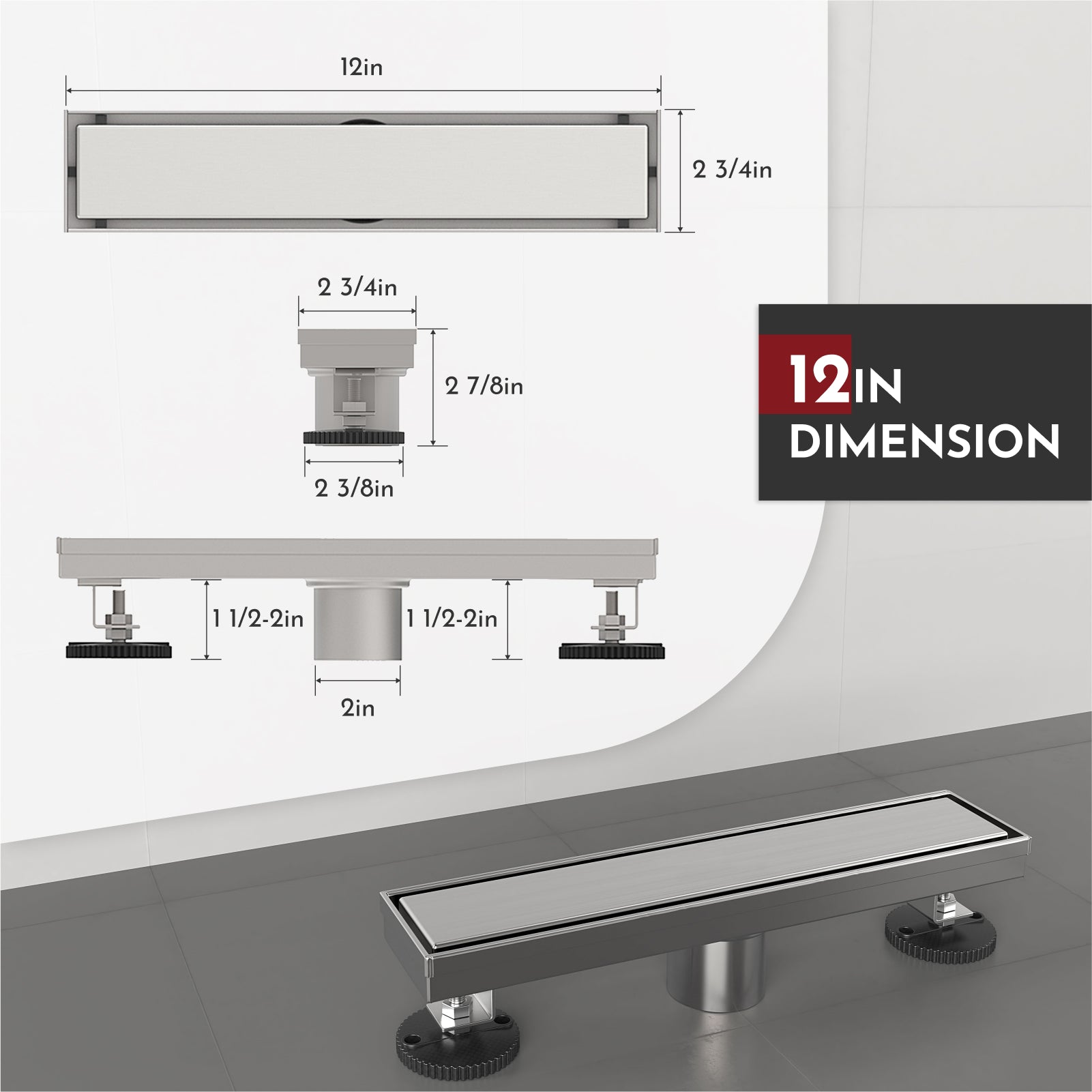 WEBANG 12 Inch Reversible 2-in-1 Linear Shower Drain With Accessories, Brushed Stainless Steel