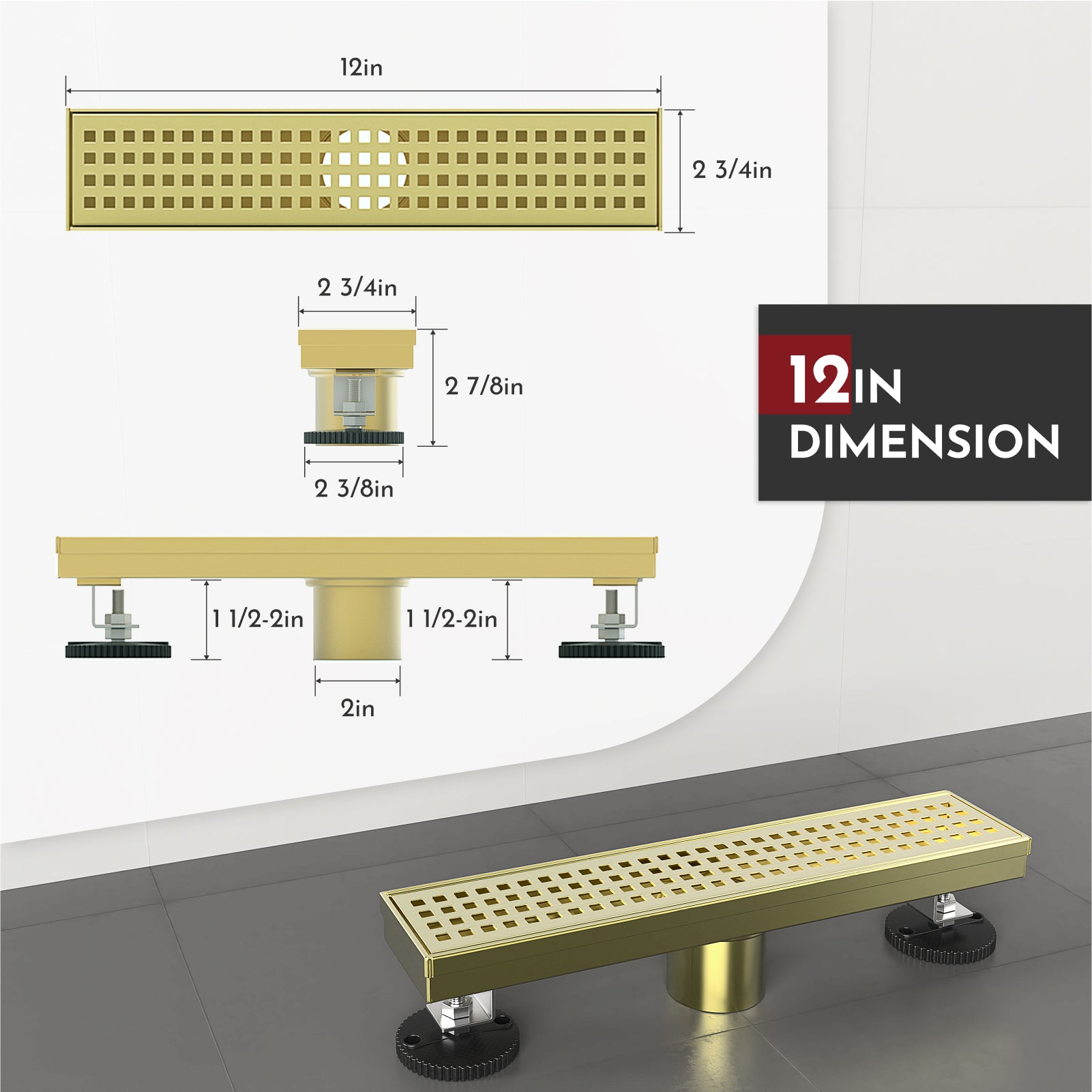 WEBANG 12 Inch Square Hole Pattern Linear Shower Drain With Accessories, Brushed Gold