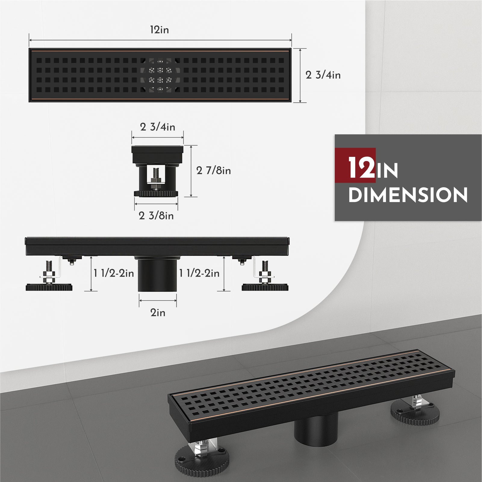 WEBANG 12 Inch Square Hole Pattern Linear Shower Drain With Accessories, Oil Rubbed Bronze