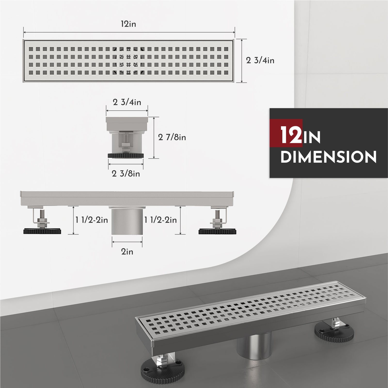 WEBANG 12 Inch Square Hole Pattern Linear Shower Drain With Accessories, Brushed Stainless Steel