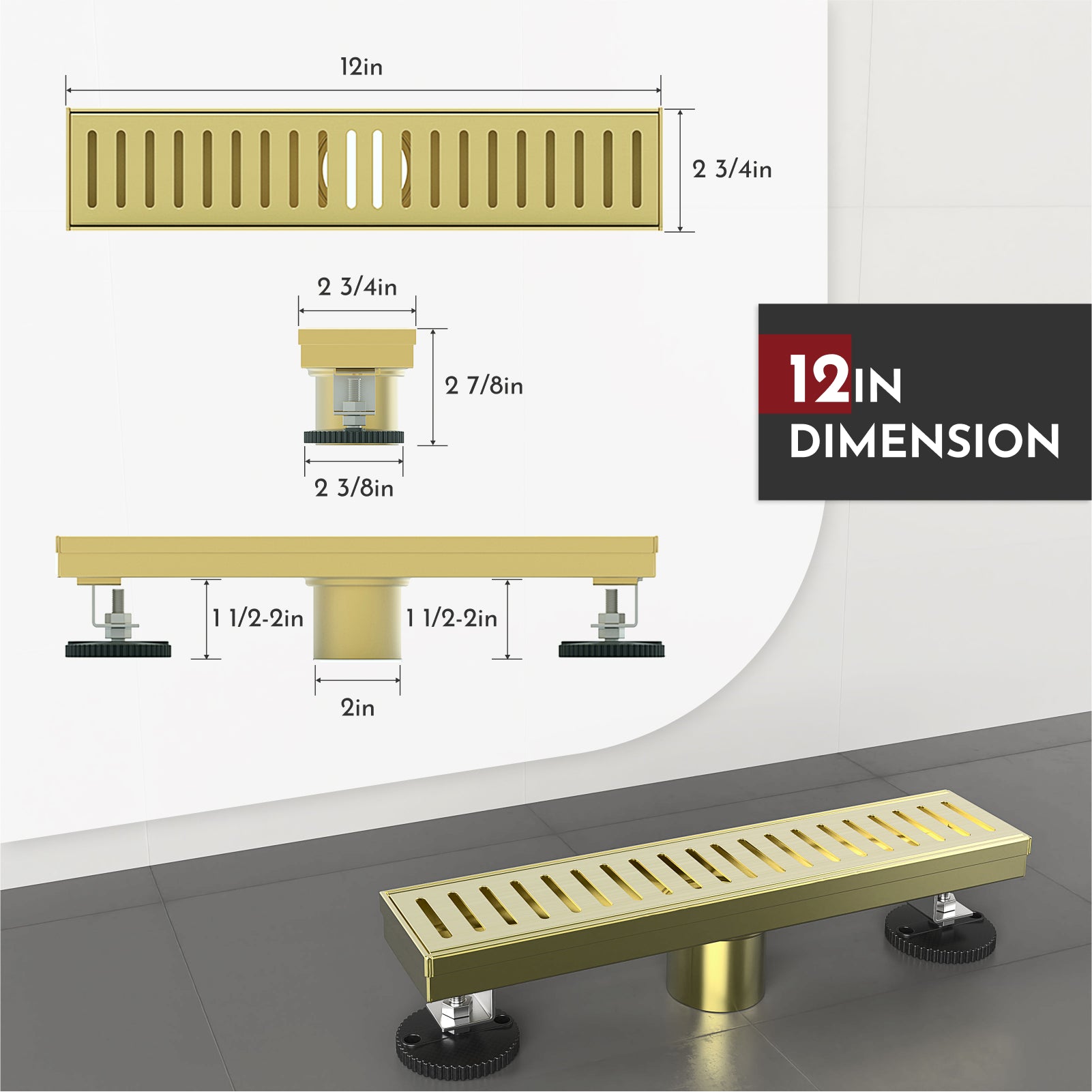 WEBANG 12 Inch Capsule Pattern Linear Shower Drain With Accessories, Brushed Gold