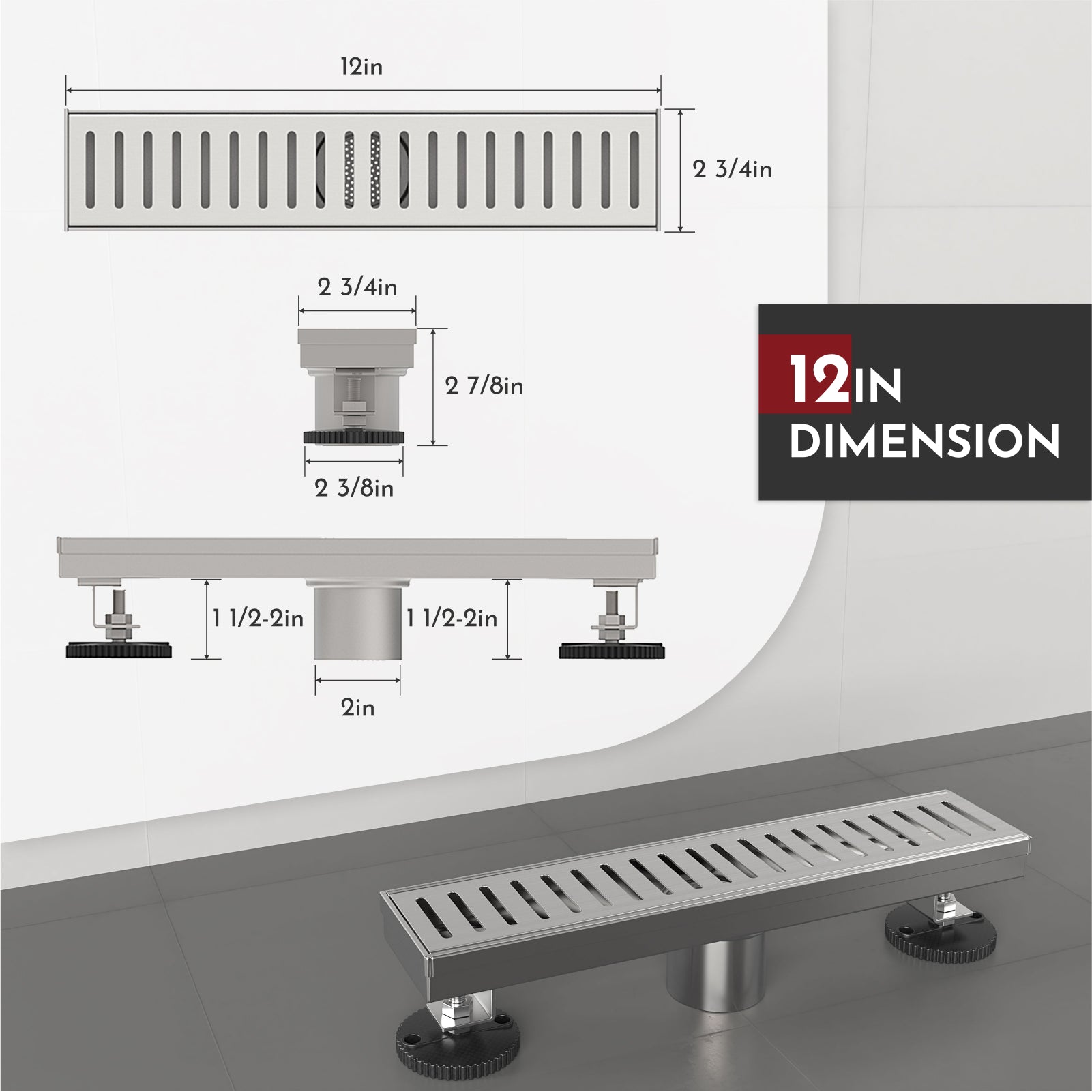 WEBANG 12 Inch Capsule Pattern Linear Shower Drain With Accessories, Brushed Stainless Steel