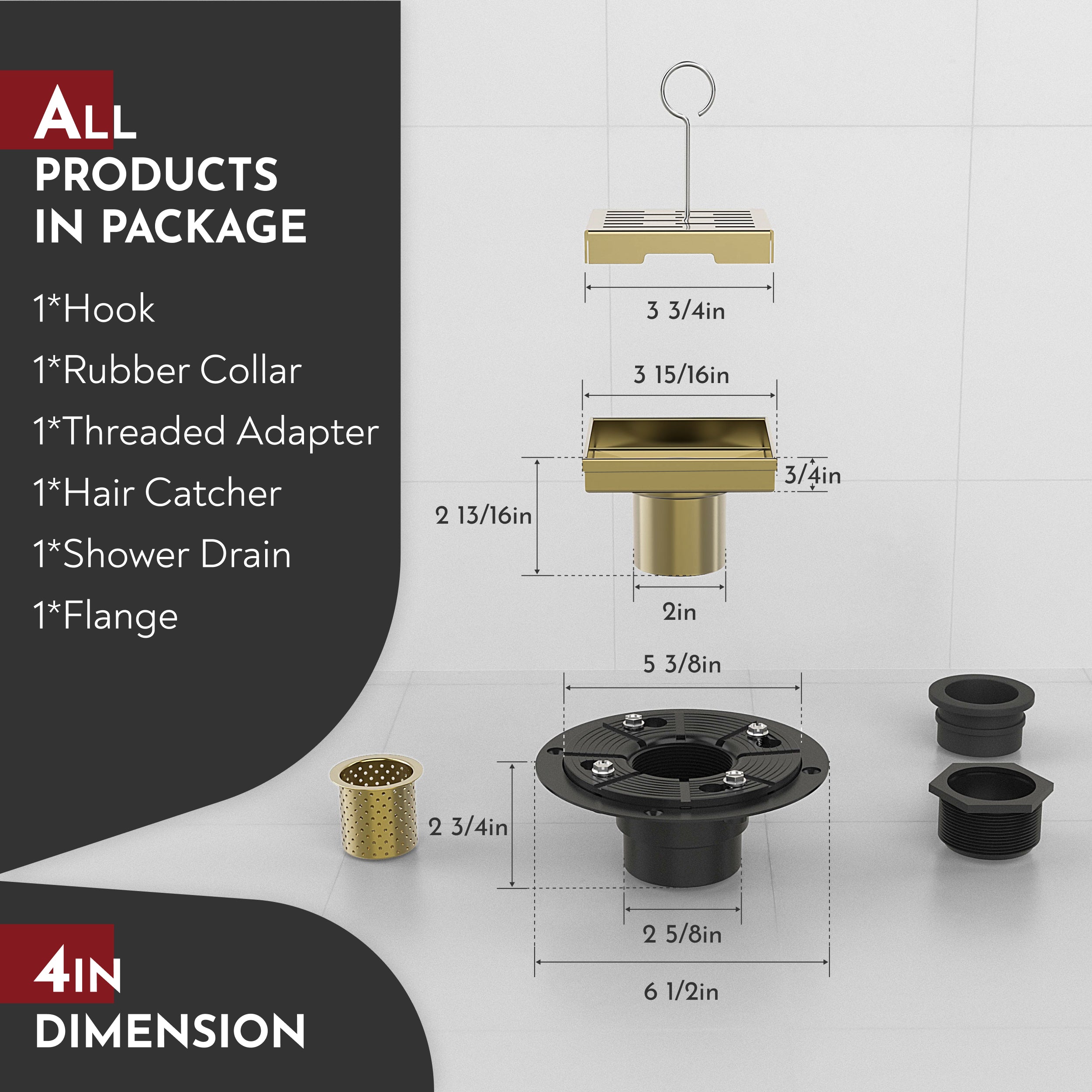 WEBANG 4 Inch Rainline Pattern Square Shower Drain With Flange, Brushed Gold