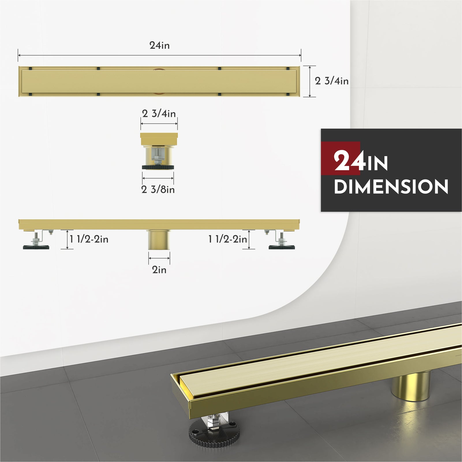 WEBANG 24 Inch Reversible 2-in-1 Linear Shower Drain With Accessories, Brushed Gold