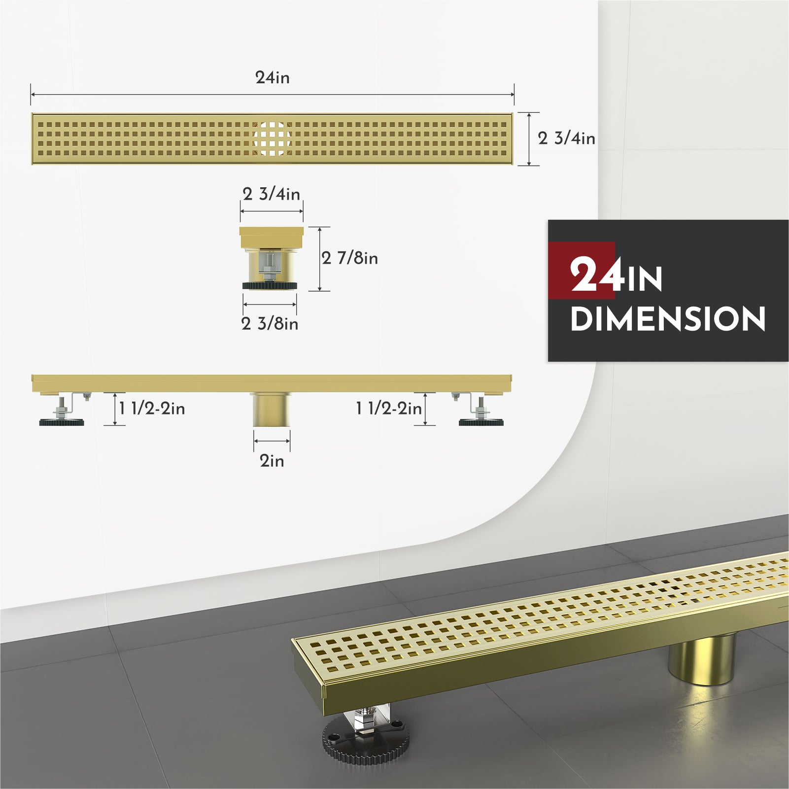 WEBANG 24 Inch Square Hole Pattern Linear Shower Drain With Accessories, Brushed Gold