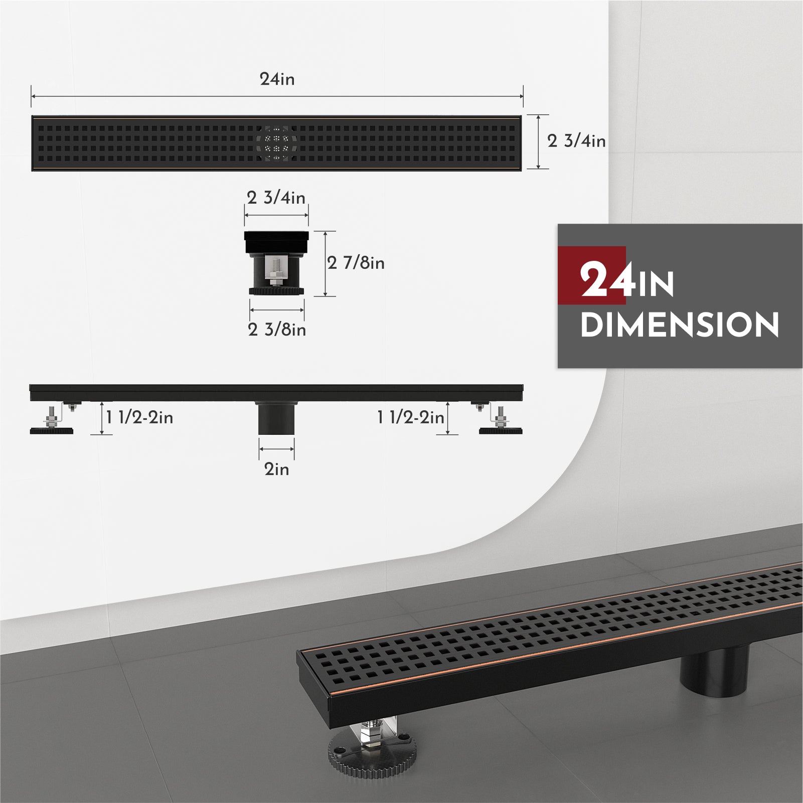 WEBANG 24 Inch Square Hole Pattern Linear Shower Drain With Accessories, Oil Rubbed Bronze