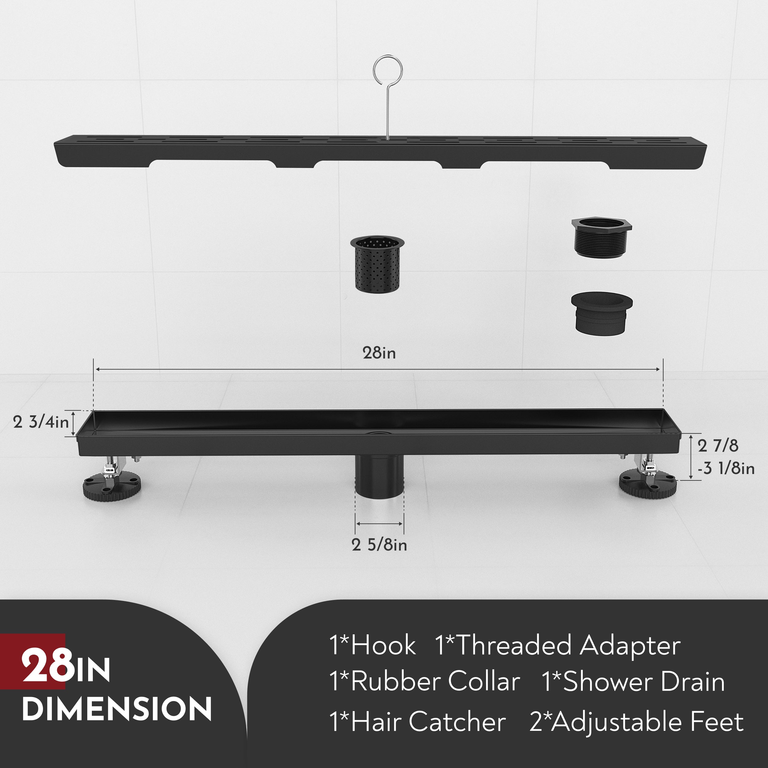 WEBANG 28 Inch Rainline Pattern Linear Shower Drain With Accessories, Matte Black