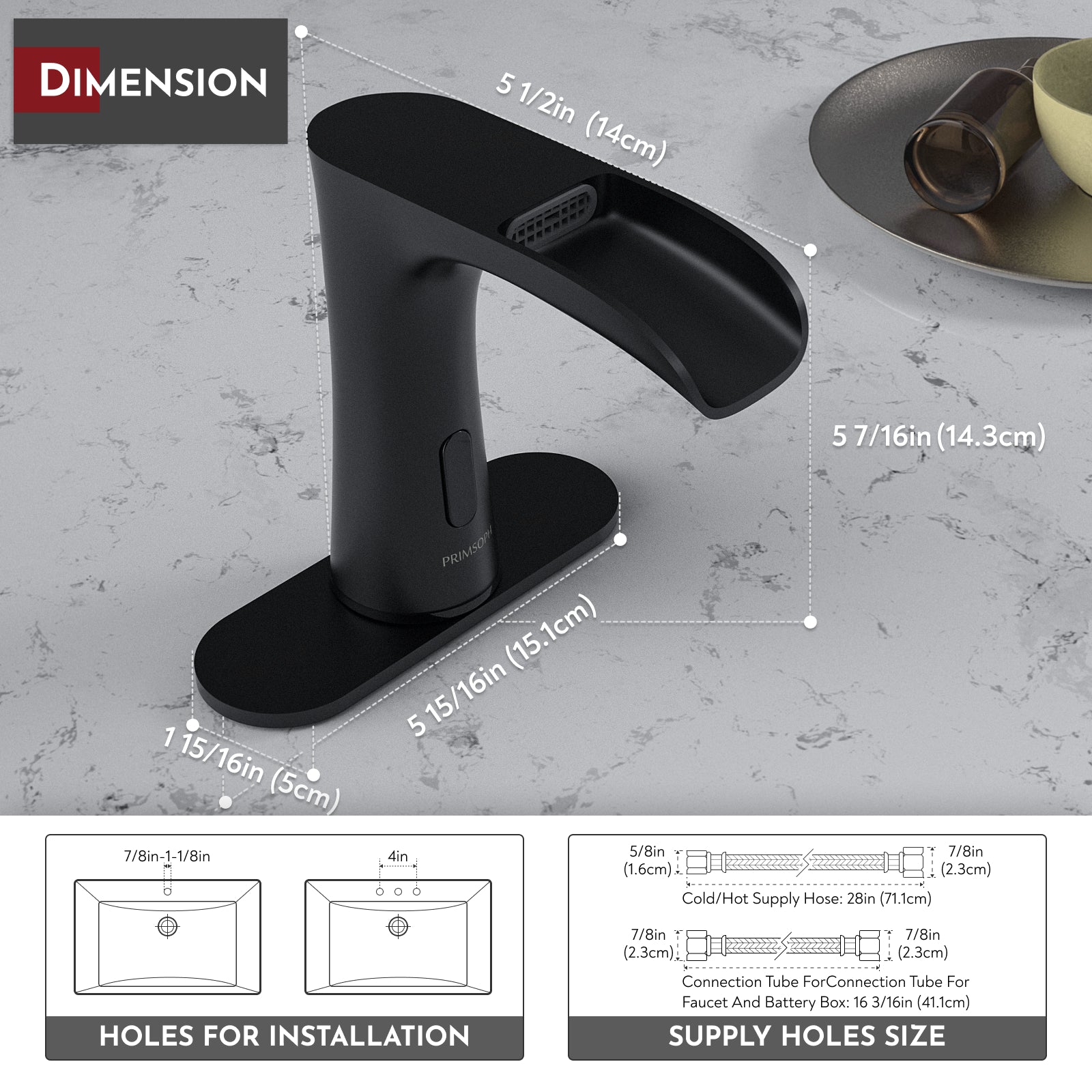 PRIMSOPH Waterfall Touchless Faucet with Temperature Mixer and Battery & Plug-In Power, Matte Black