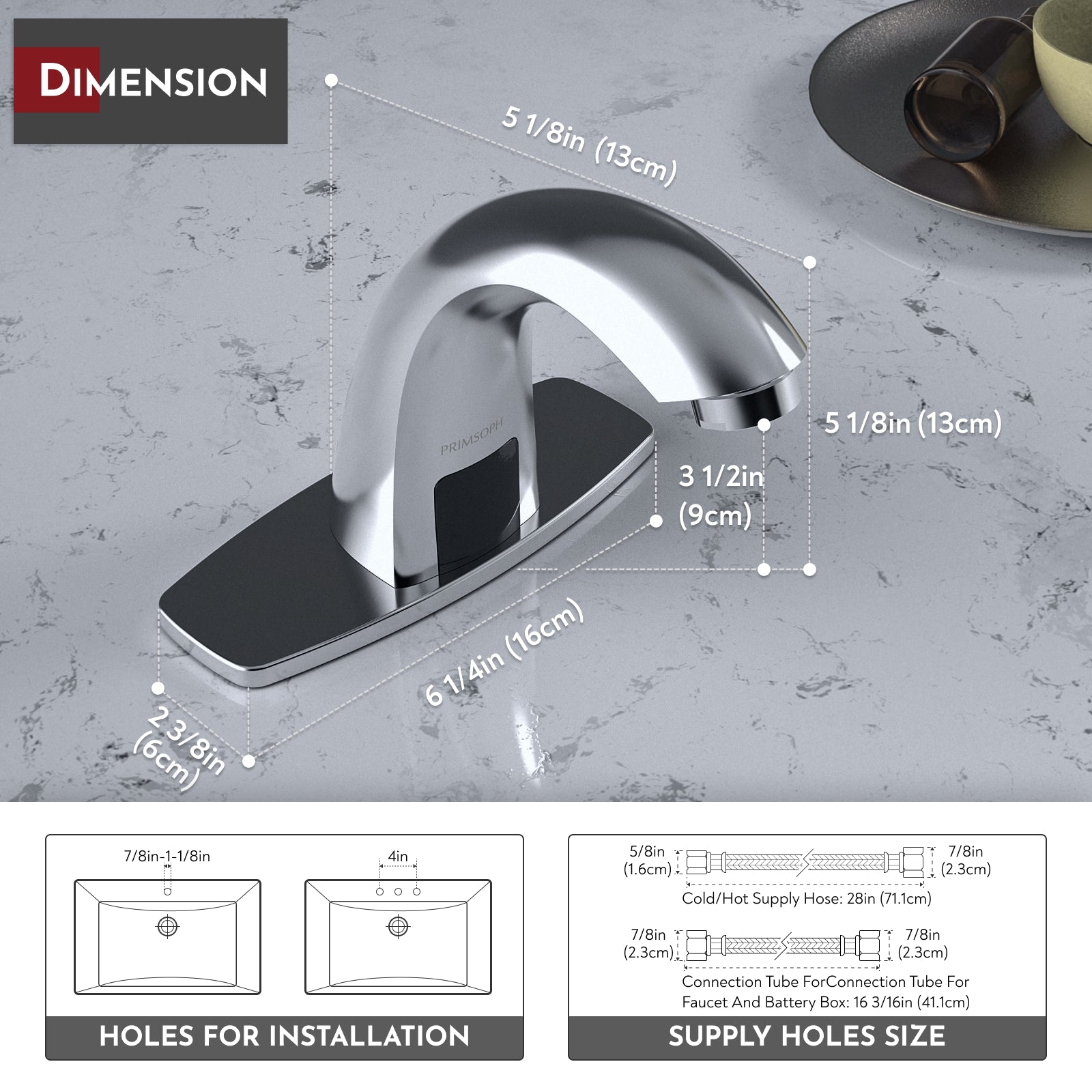 PRIMSOPH Model 8003 Battery and Plug-In Powered Touchless Faucet with Temperature Mixer, Chrome