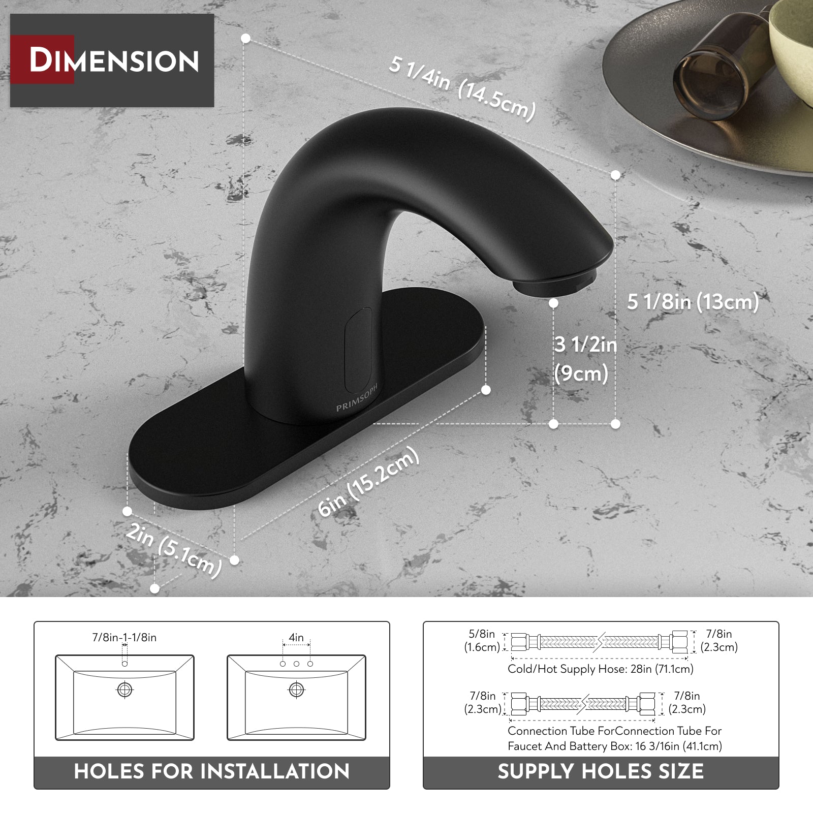 PRIMSOPH Model 8012 Battery and Plug-In Powered Touchless Faucet with Temperature Mixer, Matte Black