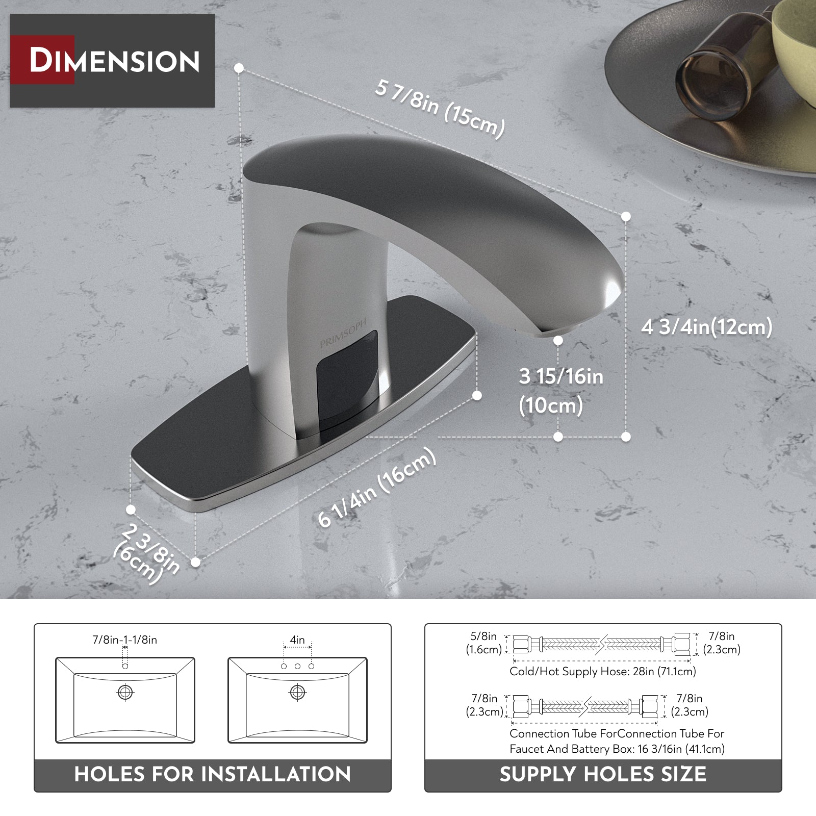 PRIMSOPH Model 8009 Battery and Plug-In Powered Touchless Faucet with Temperature Mixer, Brushed Nickel