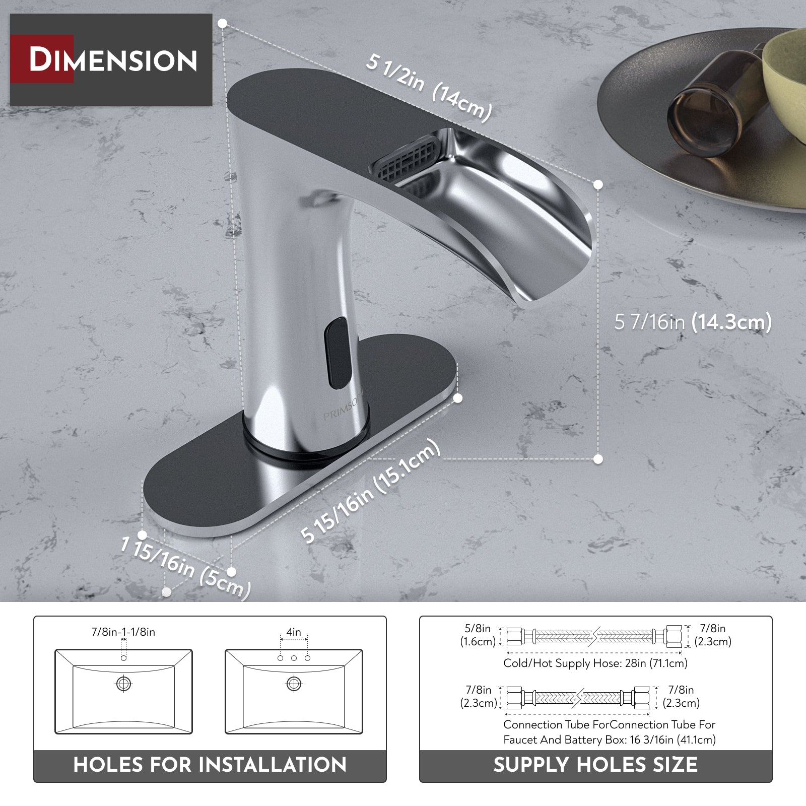 PRIMSOPH Waterfall Touchless Faucet with Temperature Mixer and Battery & Plug-In Power, Chrome