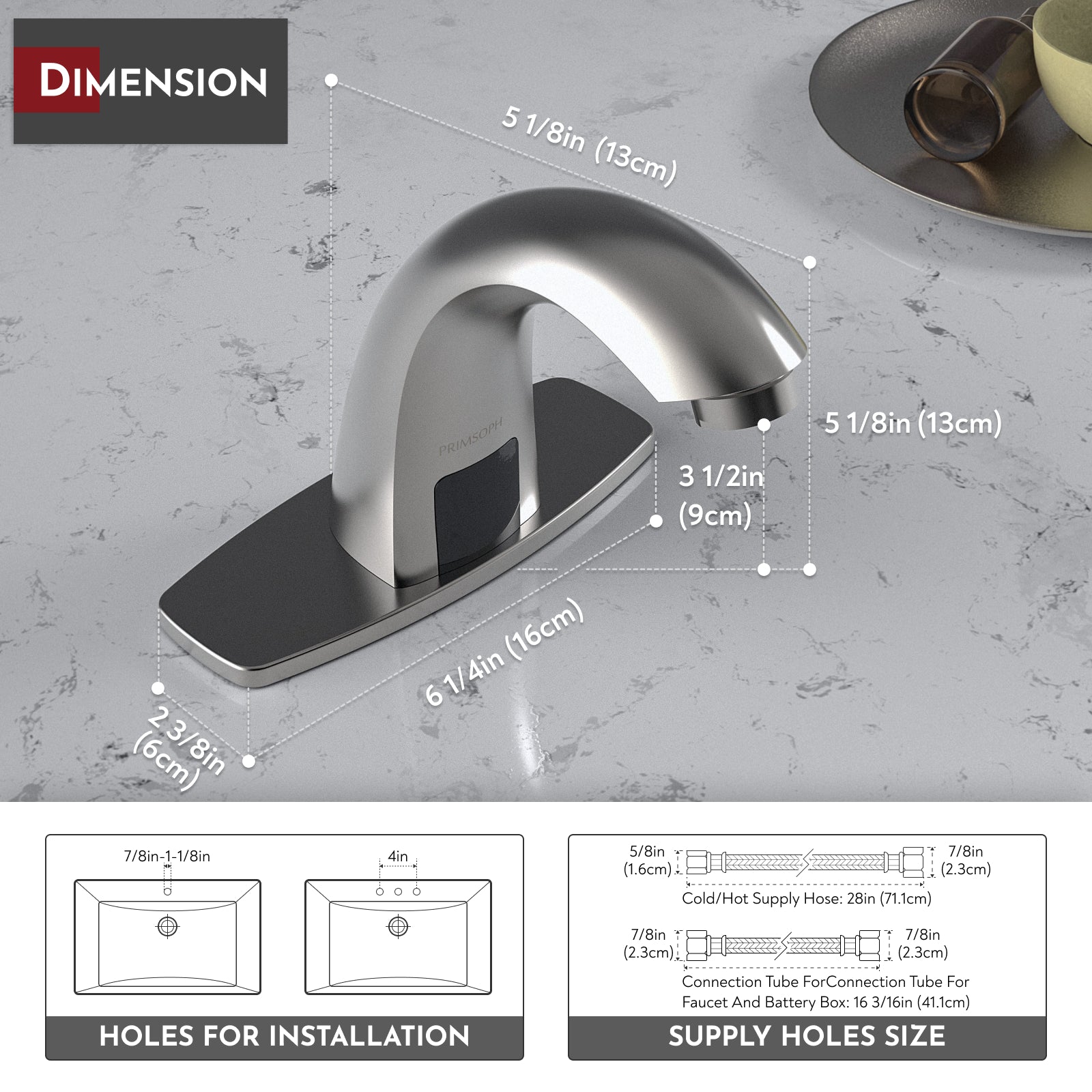 PRIMSOPH Model 8003 Battery and Plug-In Powered Touchless Faucet with Temperature Mixer, Brushed Nickel