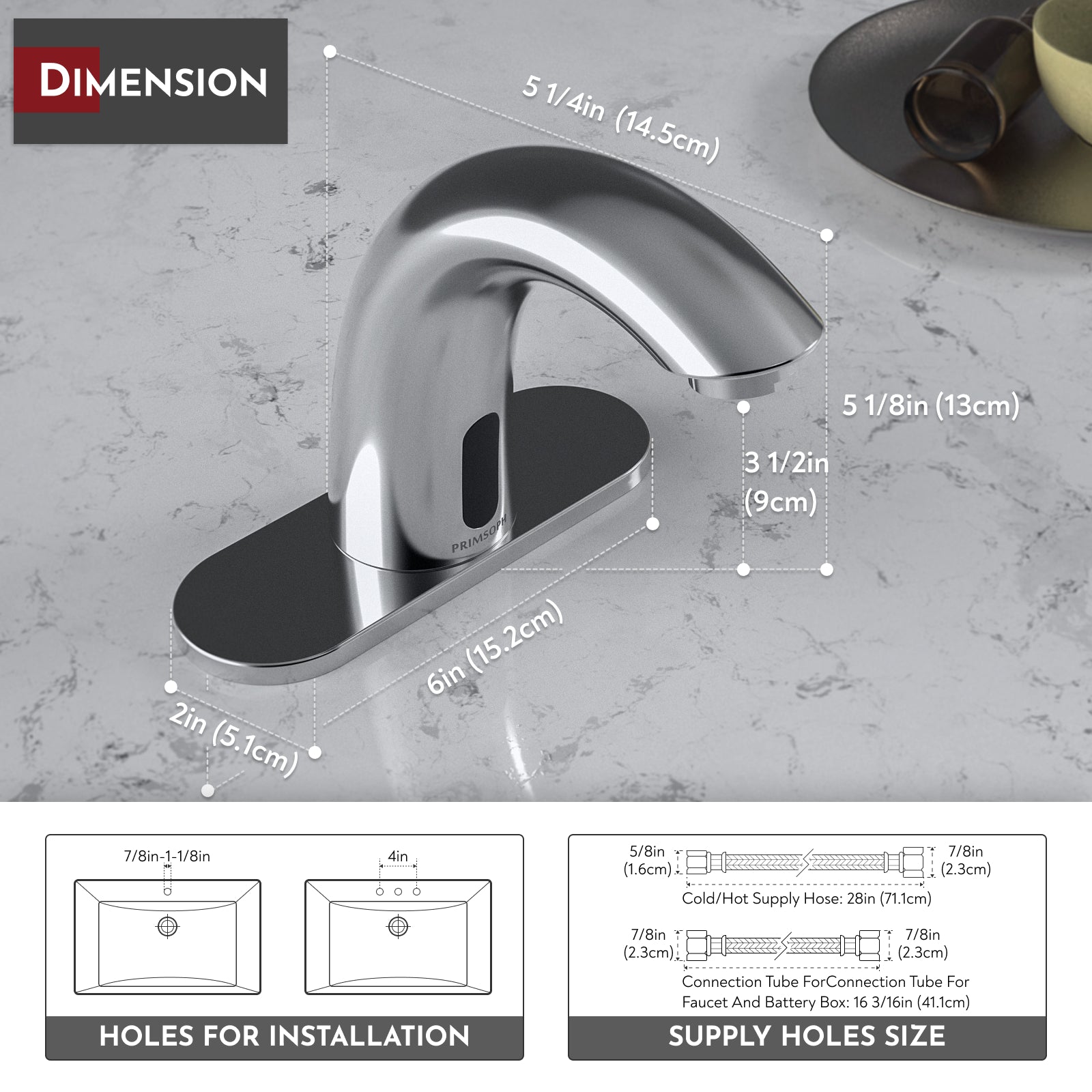 PRIMSOPH Model 8012 Battery and Plug-In Powered Touchless Faucet with Temperature Mixer, Chrome