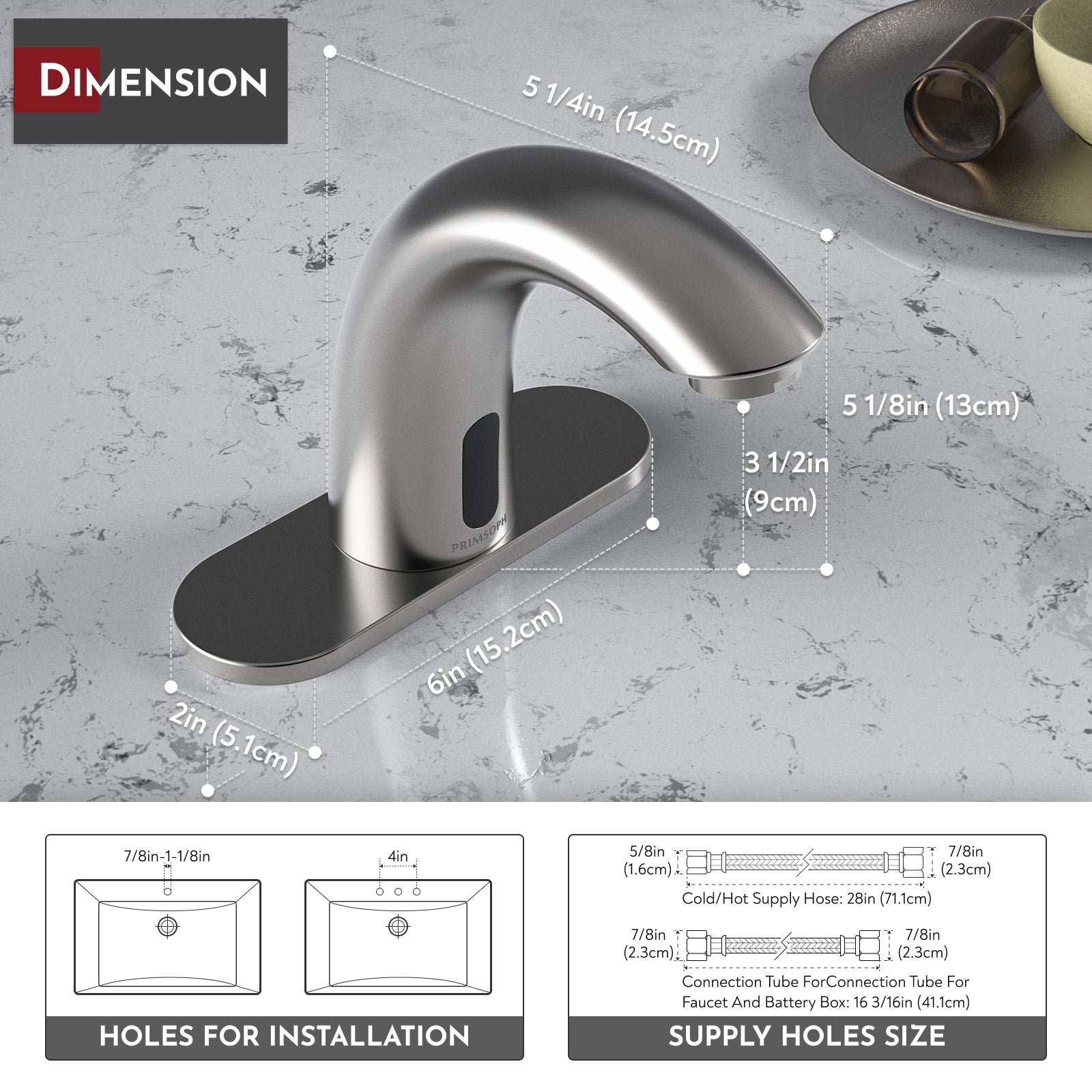 PRIMSOPH Model 8012 Battery and Plug-In Powered Touchless Faucet with Temperature Mixer, Brushed Nickel