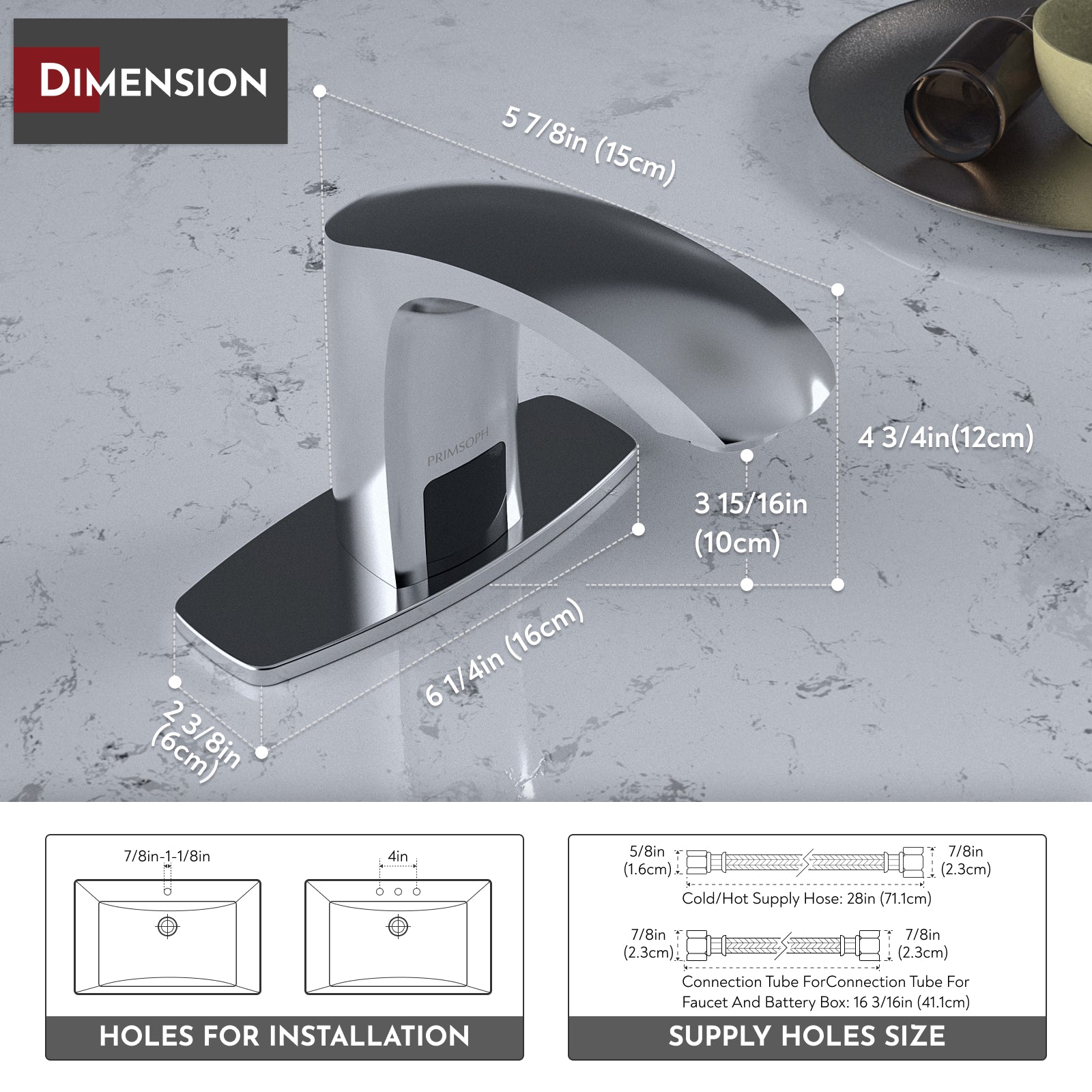 PRIMSOPH Model 8009 Battery and Plug-In Powered Touchless Faucet with Temperature Mixer, Chrome