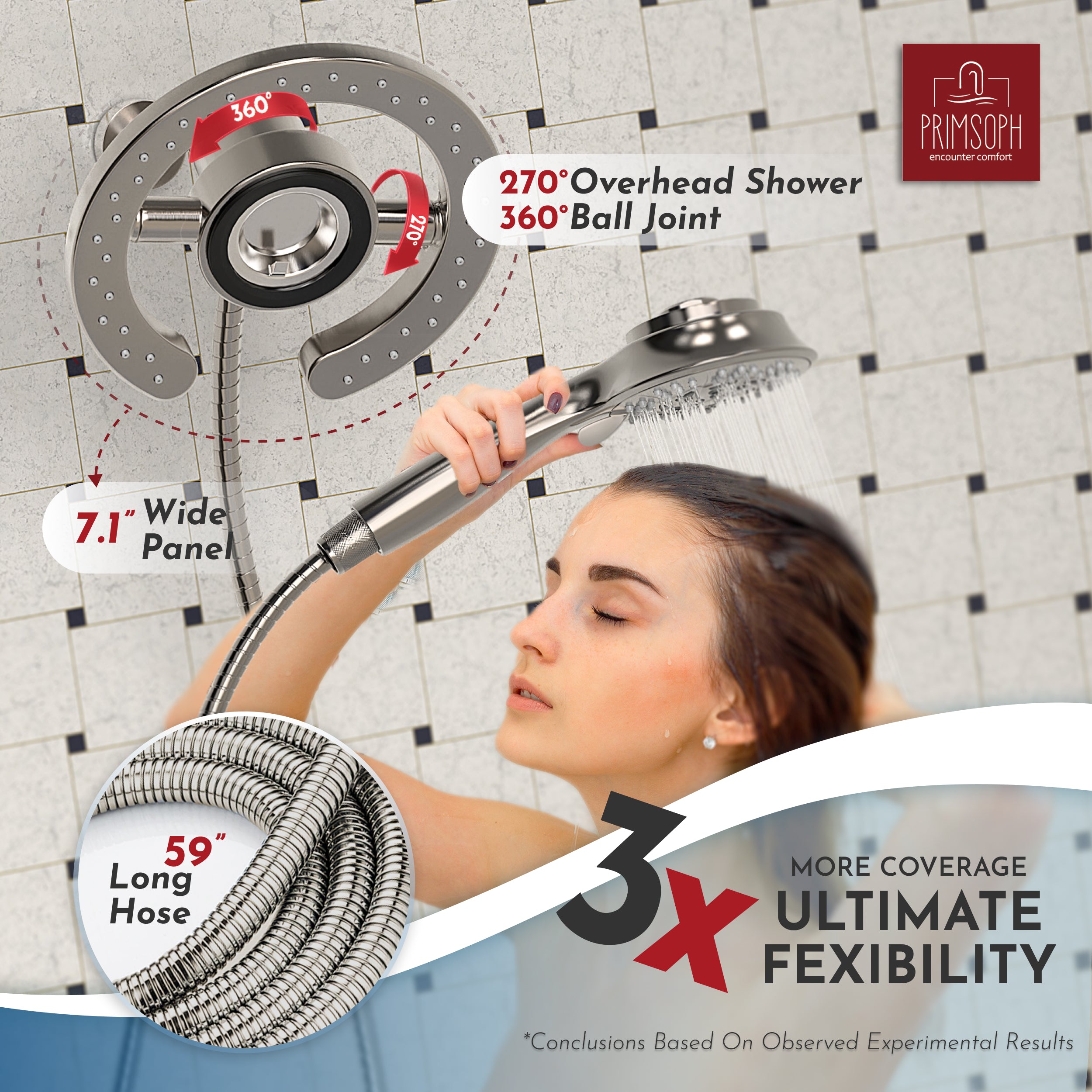 PRIMSOPH 10-Mode High Pressure Handheld and Round Rainfall Shower Head with Magnetic Docking and Stainless Steel Hose, Brushed Nickel